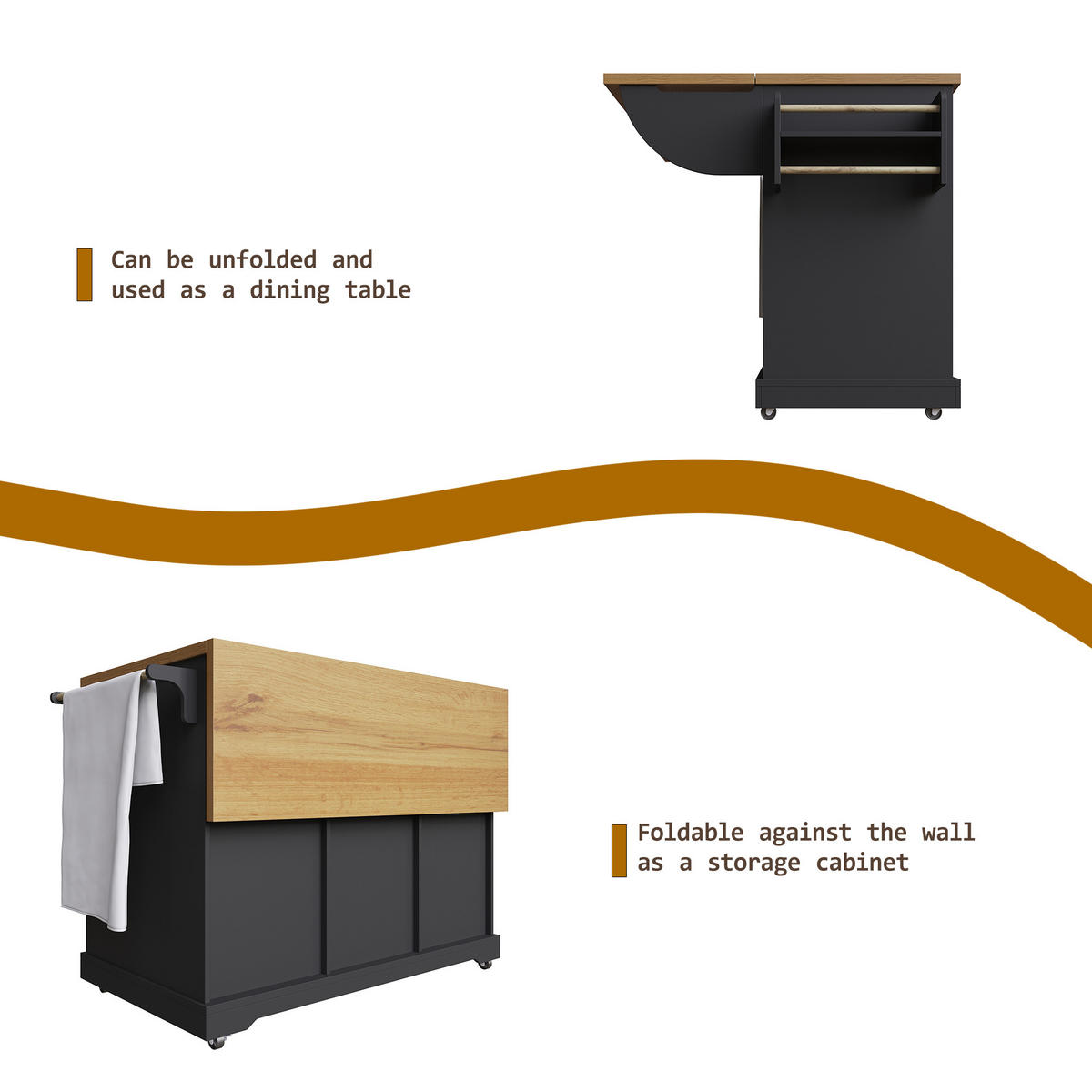 KÜCHENINSEL Servierwagen Holzmaserung Stauraum Schwarz - Schwarz, Metall (147/93/44cm) - FLIEKS
