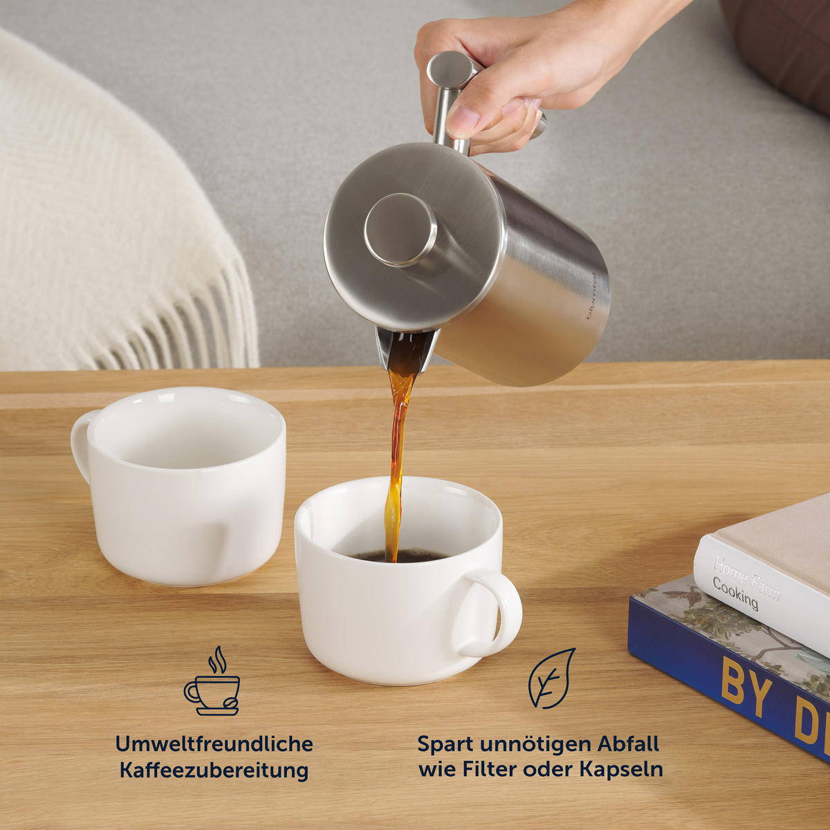 KAFFEEBEREITER French Press Edelstahl - doppelwandig isoliert mit Messskala inkl. Ersatzfilter & Anleitung, Spülmaschinengeeignet - Edelstahlfarben, Metall (14/13/21cm) - Blumtal