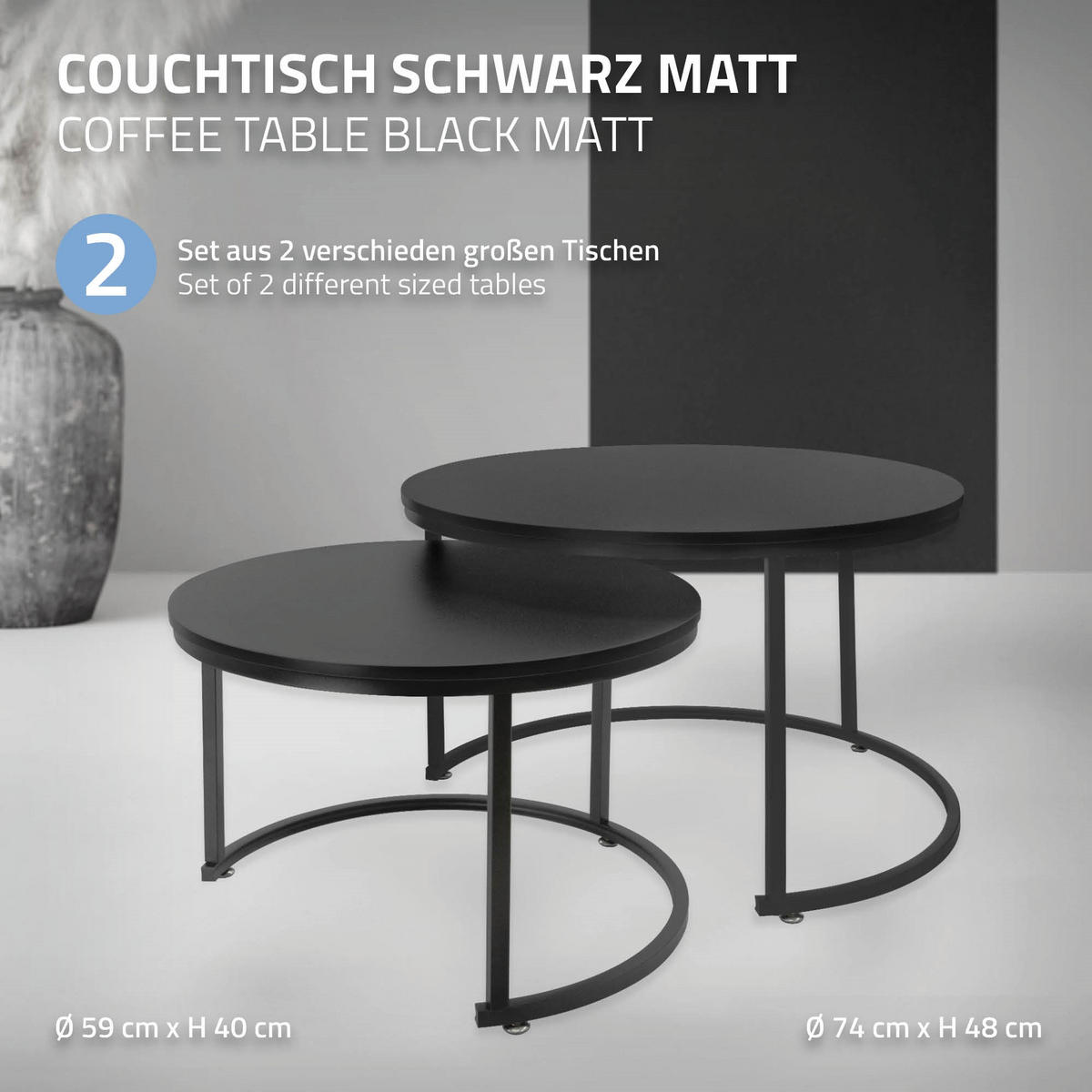 COUCHTISCH rund Schwarz 74/74/48-59/59/40 cm 2er Set - Schwarz Hochglanz, Metall (74/48/74cm) - ML-DESIGN