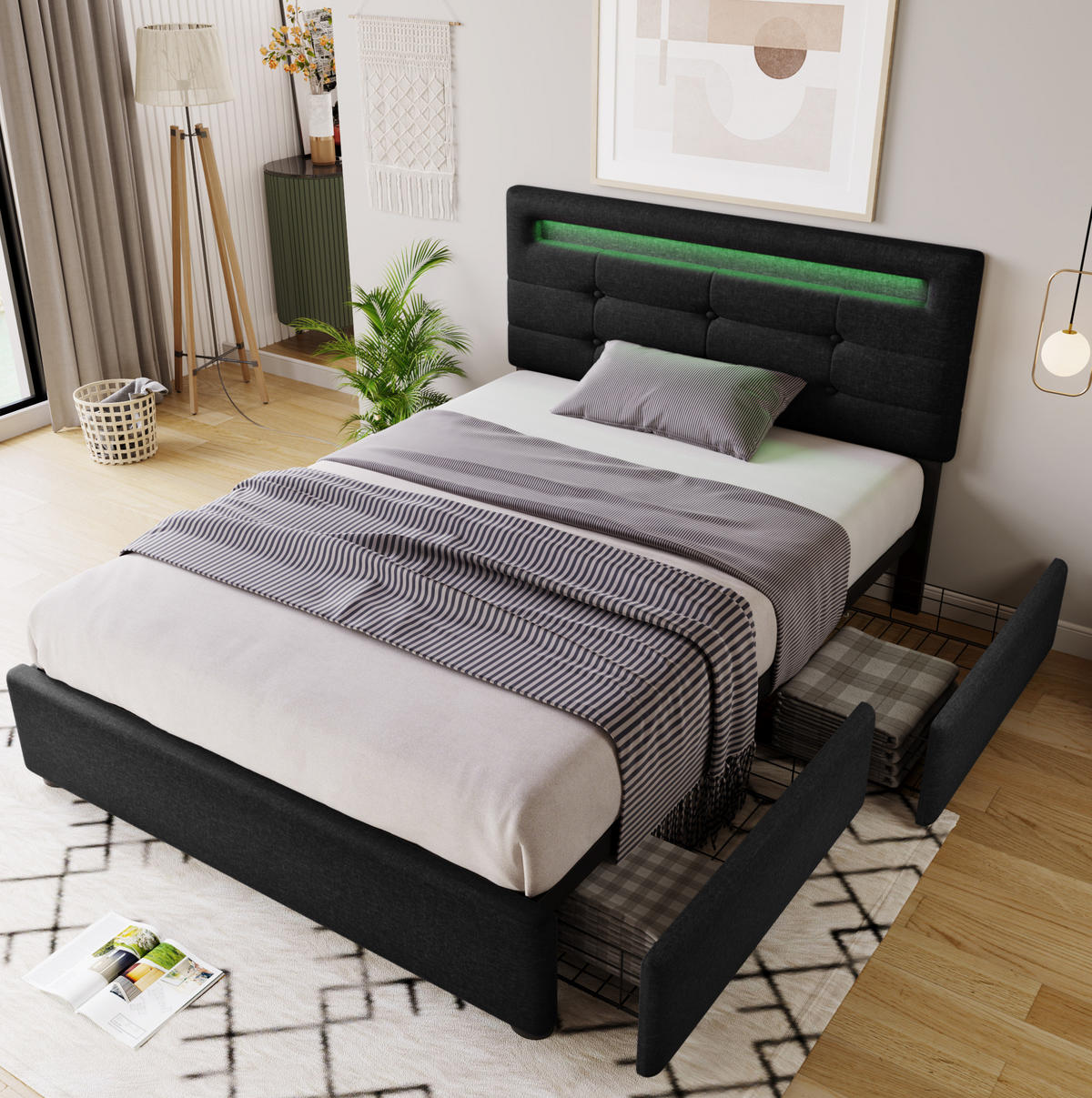 ČALÚNENÁ posteľ z ľanového materiálu 90x200 cm čierna s LED osvetlením, 2 zásuvkami a nastaviteľným čelom - čierna, textil (90/200cm) - Modfu