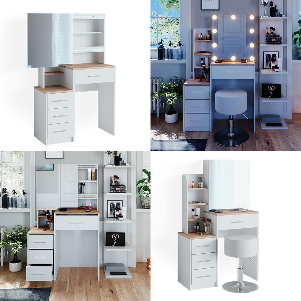SCHMINKTISCH Conrada Weiß/Sonoma 80 cm mit LED Beleuchtung - Weiß/Sonoma Eiche, Holzwerkstoff (36/131.6/80cm) - Vicco