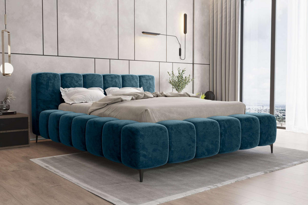 POLSTERBETT COZY Chenille Petrol 140/200 cm - Petrol/Schwarz, Textil/Metall (140/200cm) - 99rooms