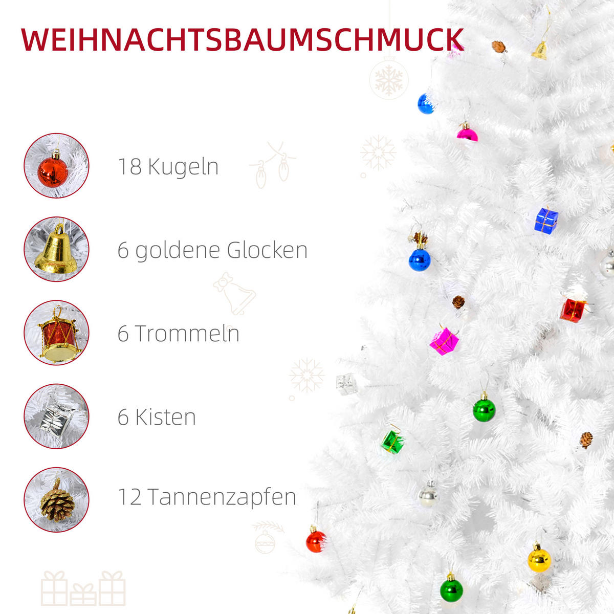 WEIHNACHTSBAUM Christbaum Tannenbaum 150/180cm PVC 680 Spitze inkl. Deko Weiß - Weiß, Metall (180cm) - HOMCOM