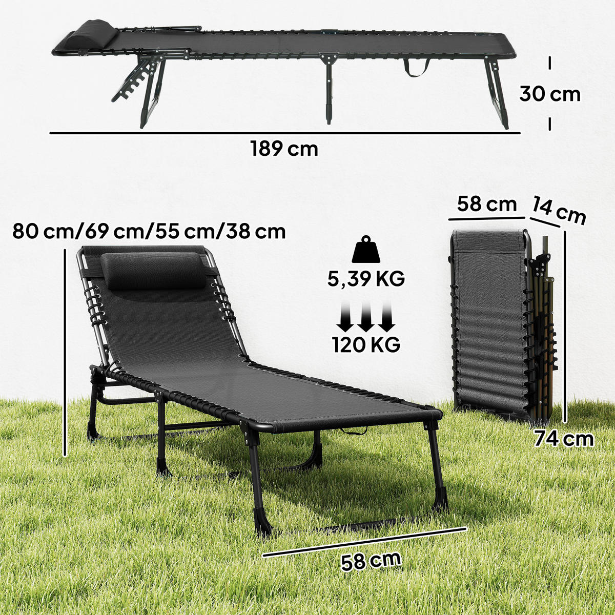 GARTENLIEGE 4-stufige Rückenlehne verstellbar Stahl Mesh-Stoff Schwarz 197 x 58 x 30 cm - Schwarz, Kunststoff/Metall (58/30/189cm) - Outsunny