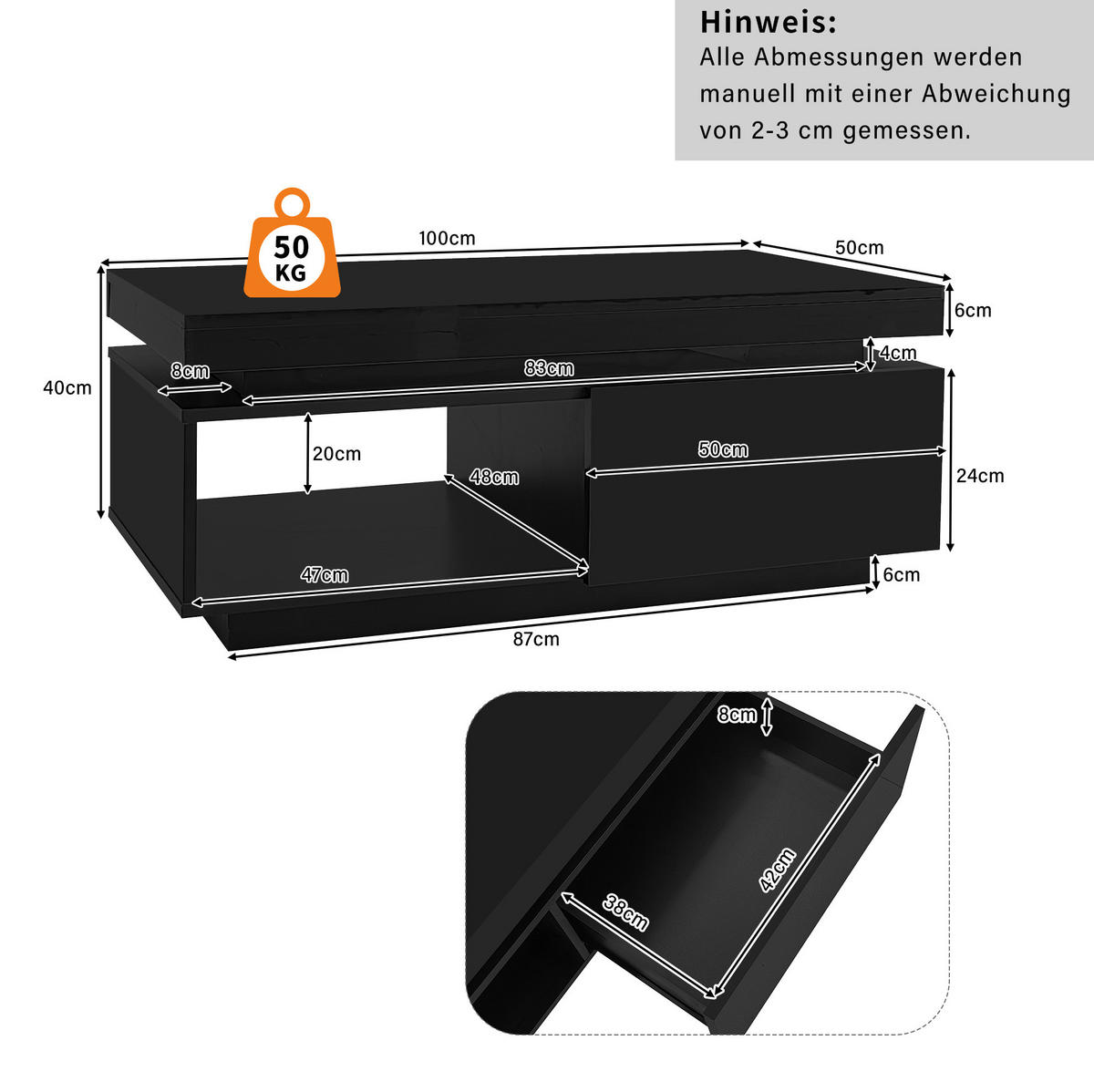 COUCHTISCH 100/50/40,3 cm Schwarz mit LED-Beleuchtung und Schublade - Schwarz, Holzwerkstoff (100/50/40cm) - OKWISH