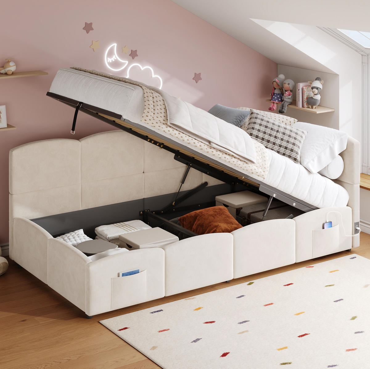 POLSTERBETT 90/200 cm mit hydraulischem Stauraum, USB-A/USB-C und Seitentaschen, Samt, Beige - Beige, Textil (90/200cm) - Redom