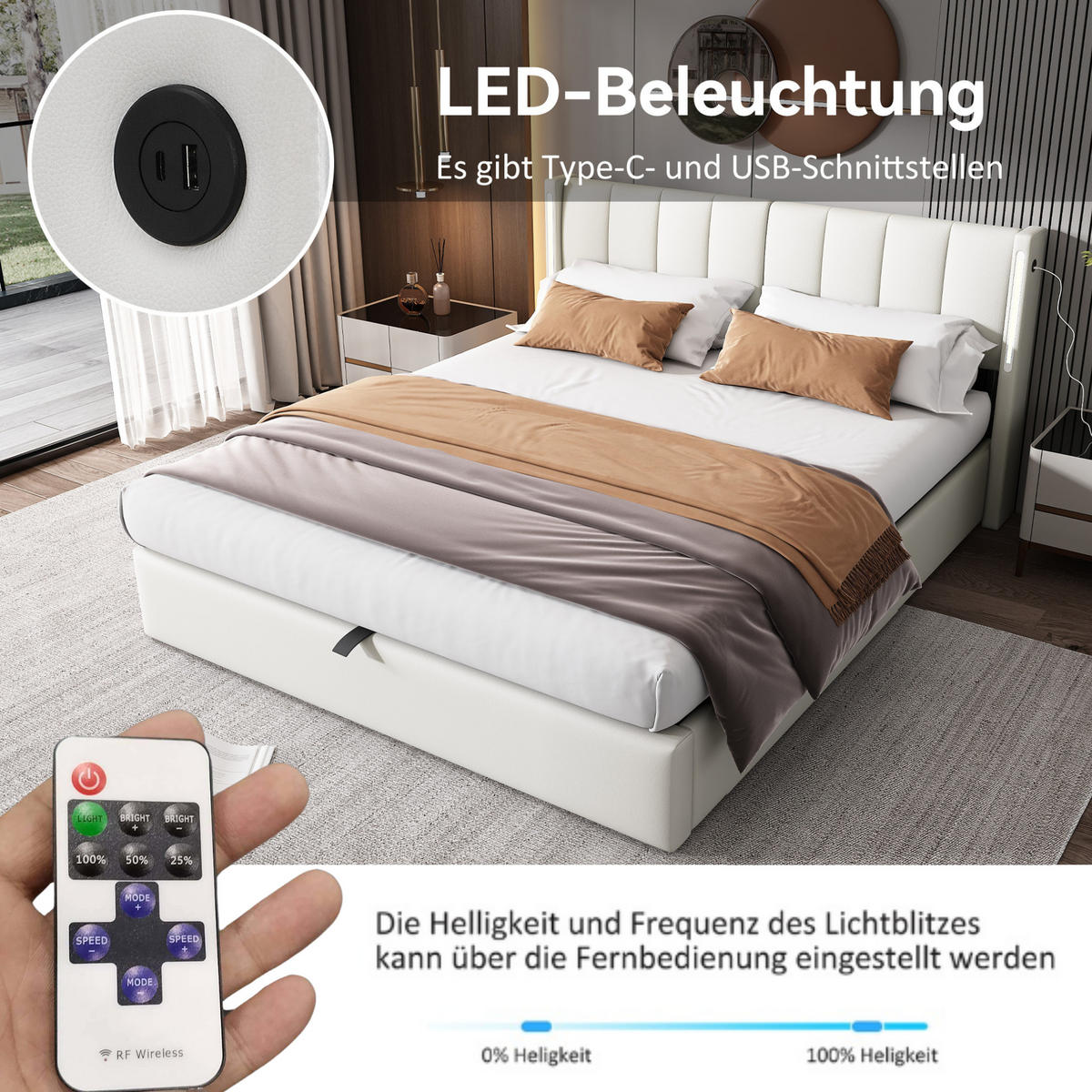 POLSTERBETT 160/200 cm aus PU mit LED-Beleuchtung, USB-Anschluss, Bettkasten und verstellbarem Kopfteil, Weiß - Weiß, Kunststoff (160/200cm) - Redom