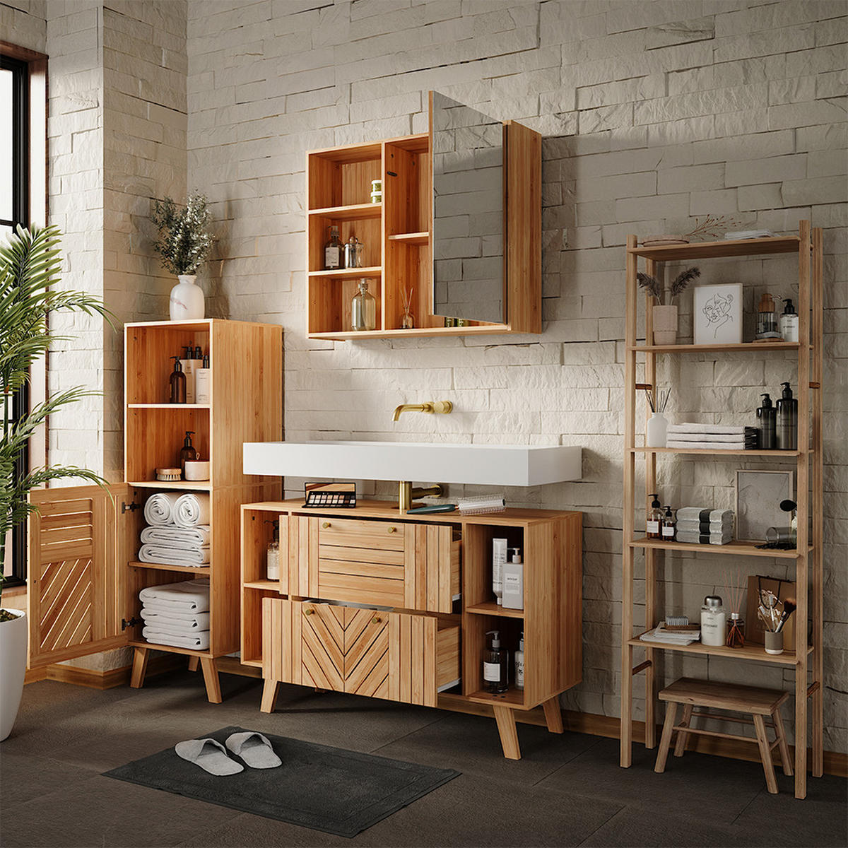 BADMÖBEL-SET Lucie Bambus 3 Teile - Grün, Holzwerkstoff (100/65/36cm) - Vicco