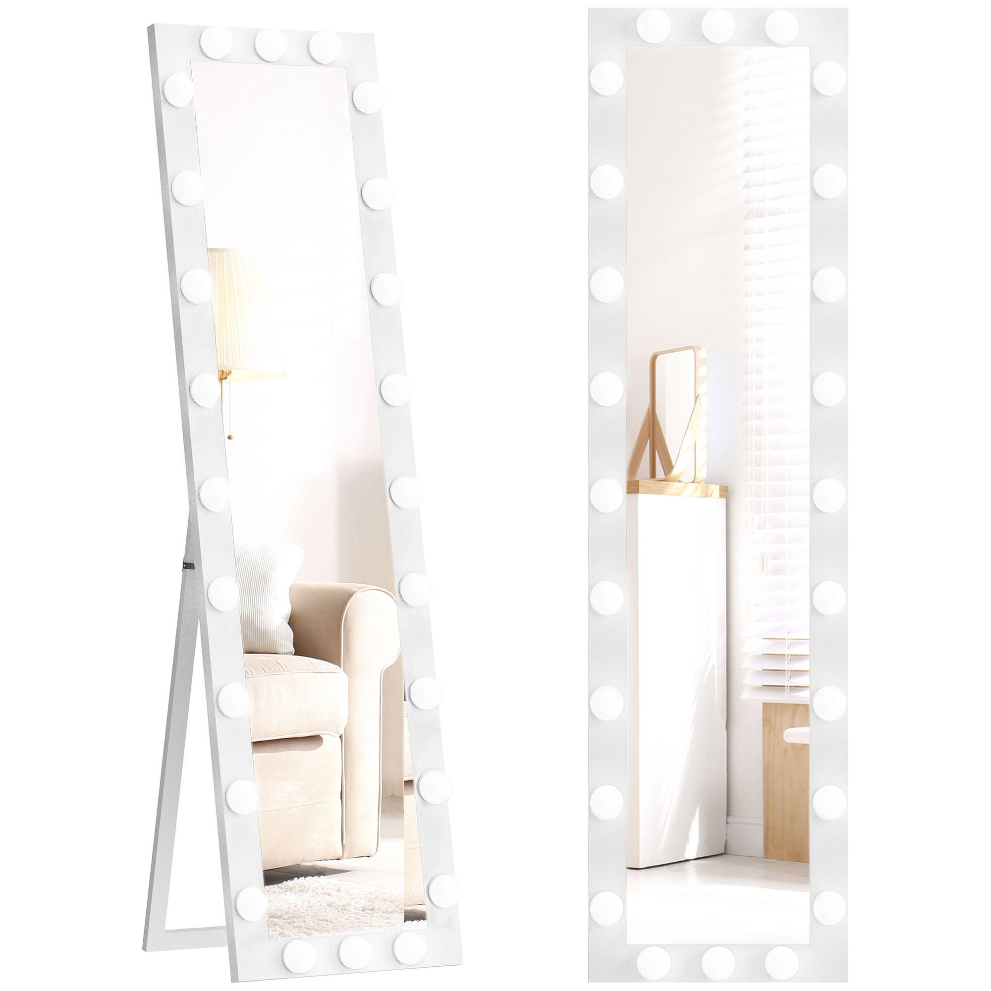 STANDSPIEGEL DE-09886 LED mit 24 Glühbirnen, 3 Lichtfarben Weiß - Weiß, Glas (40/150/4cm) - ComfortXL