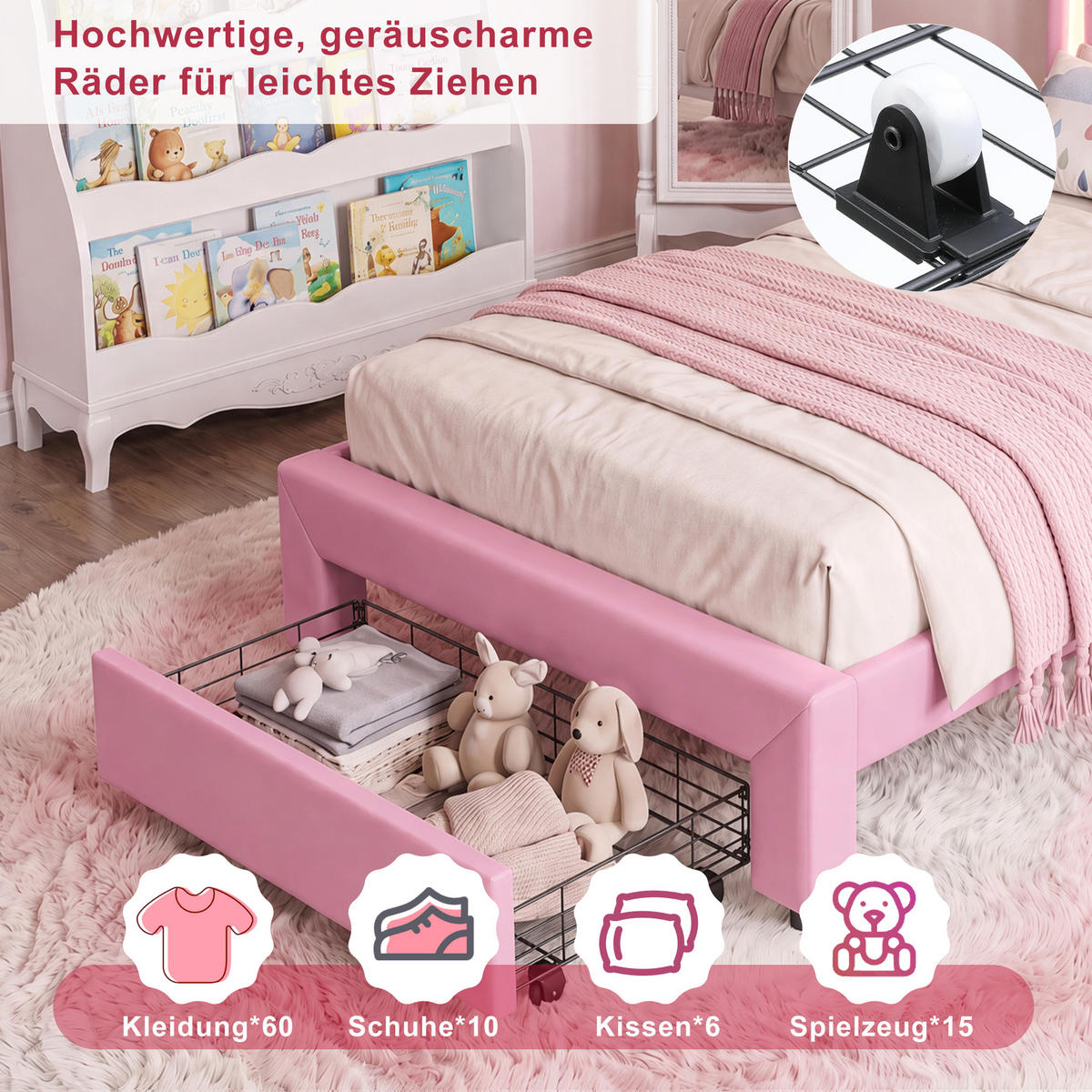 POLSTERBETT Princess Crown 90x200 cm mit höhenverstellbarem Kopfteil, PU, Lattenrost & LED-Beleuchtung, Rosa - Pink, Leder/Holz (90/200cm) - BursDany
