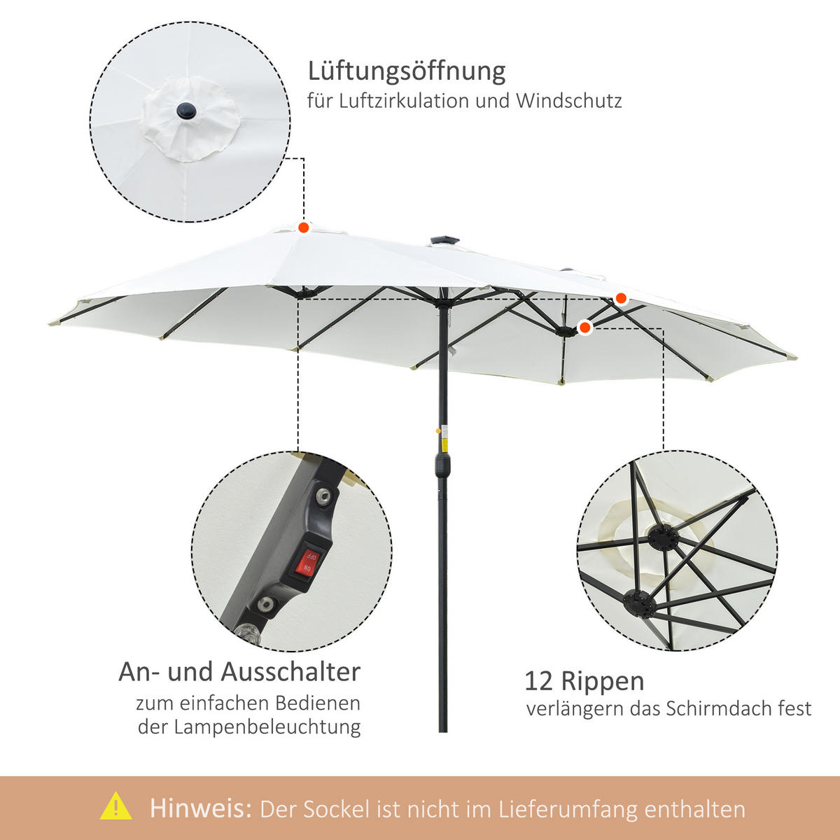 DOPPELSONNENSCHIRM Oval Schwarz+Cremeweiß - Schwarz, Kunststoff (265/450cm) - Outsunny
