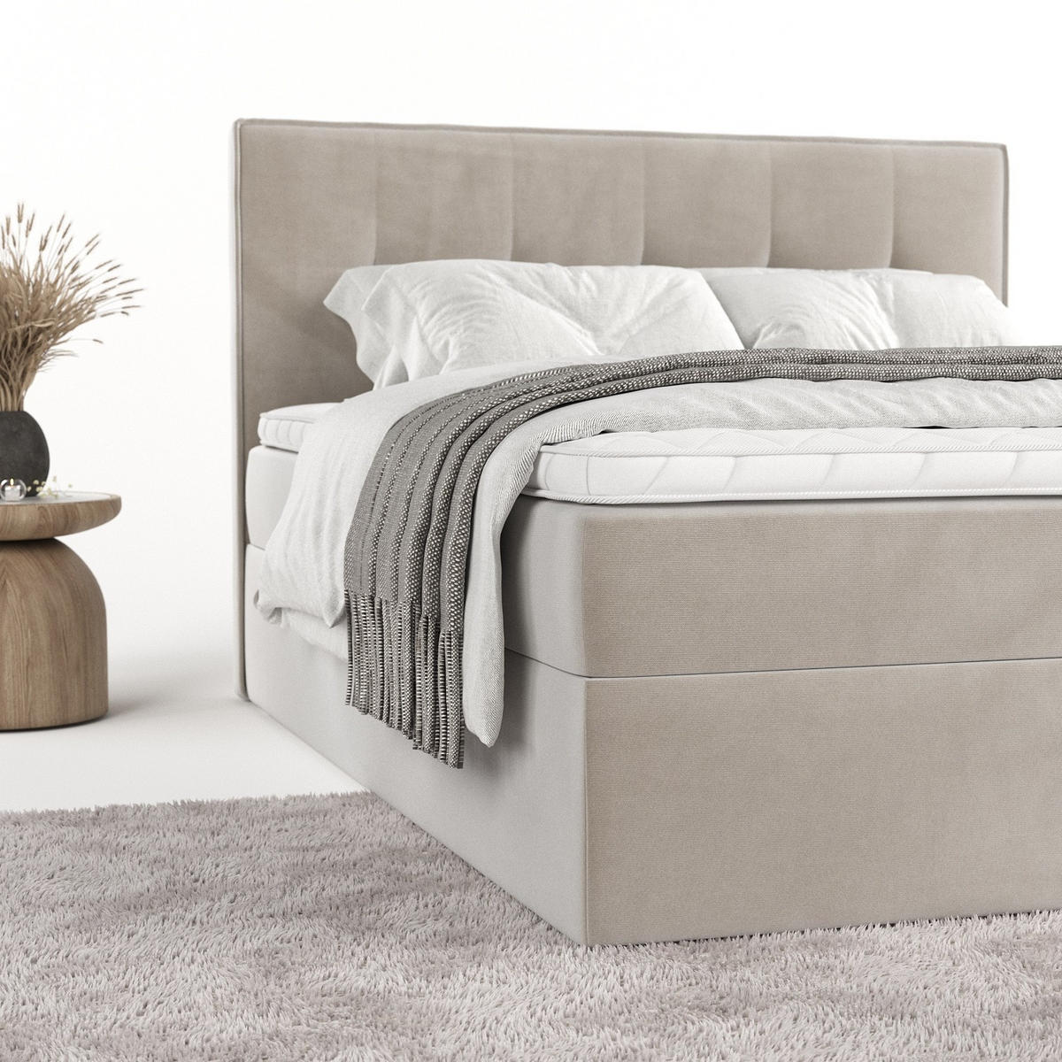 BOXBETT Mireo 140/200 cm Hellbeige im Paros Stoff - Beige/Schwarz, Holz/Holzwerkstoff (140/200cm) - AltaBeds