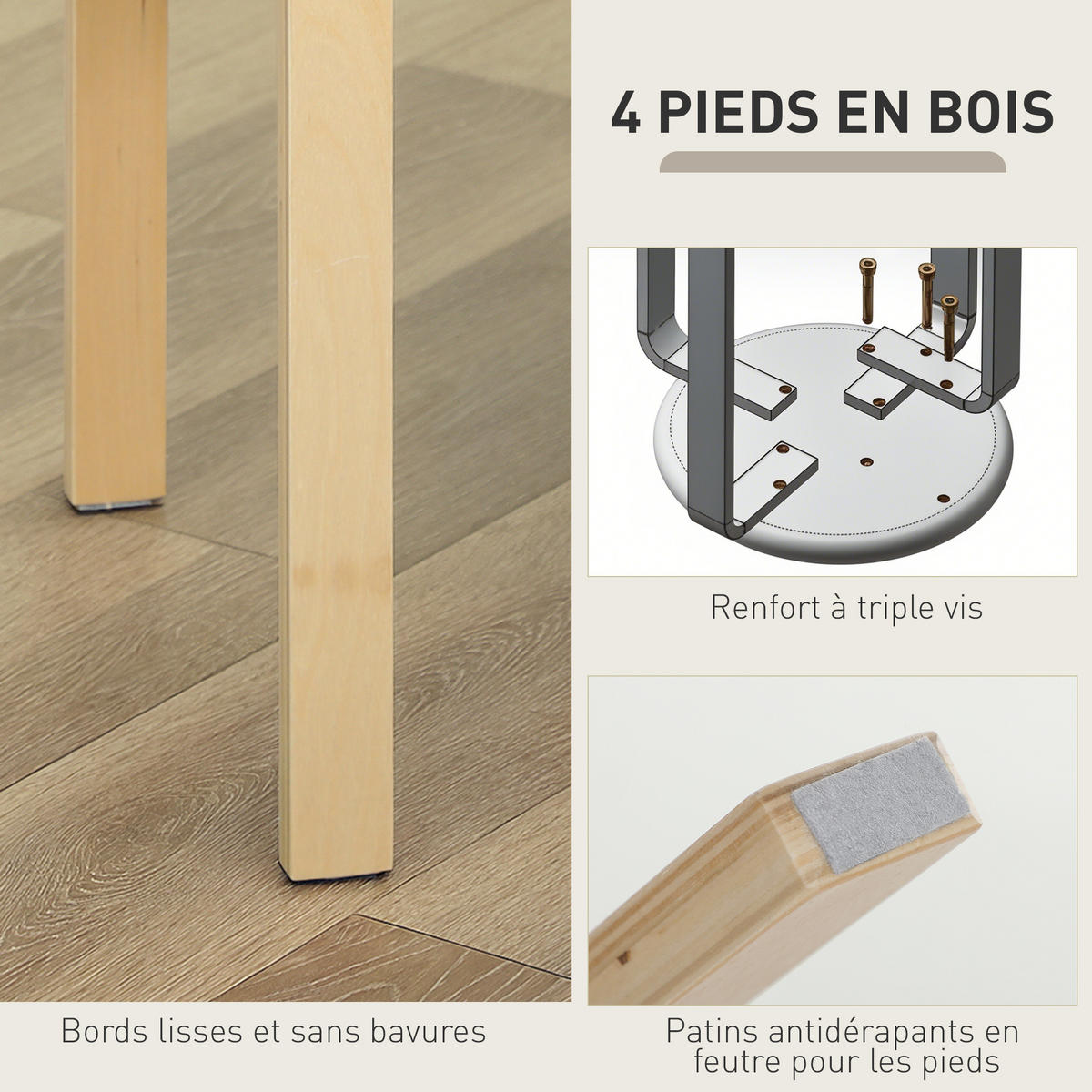 HOCKER 4er-Set DE-13362 stapelbar & gepolstert Kaki - Mokka, Holz (40/45/40cm) - ComfortXL