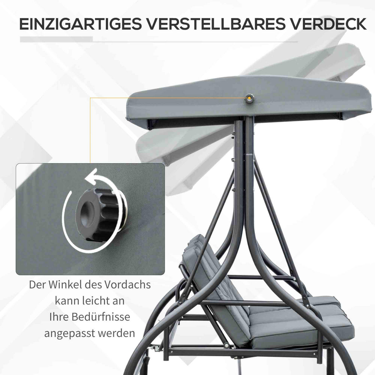 HOLLYWOODSCHAUKEL 3-Sitzer, 2 in 1 mit Liegefunktion - Dunkelgrau, Metall (117/175/195cm) - Outsunny