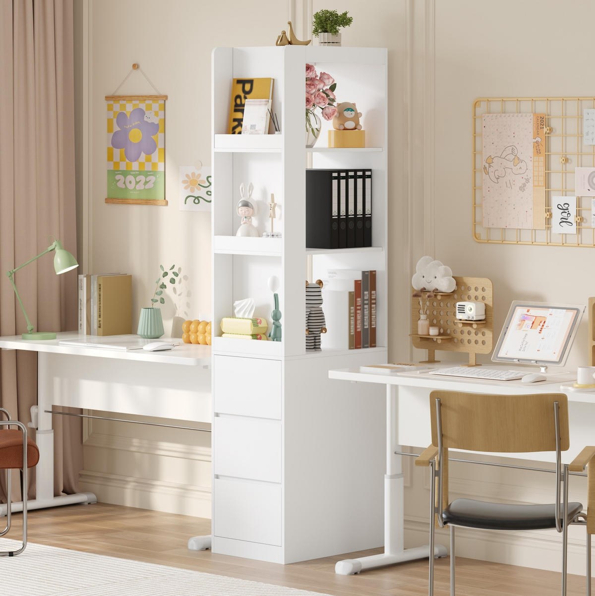 BÜCHERREGAL schmal mit 3 Schubladen 40 cm tief, 200 cm hoch Weiß - Weiß, Holzwerkstoff (40/200/60cm) - Beauniv