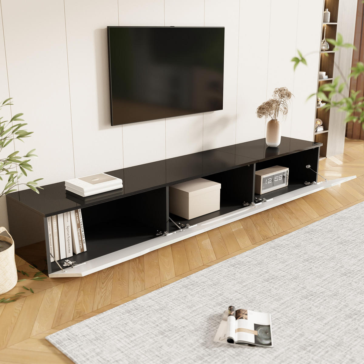 TV ormarić 180/35/30 cm crno-bijeli od MDF-a i iverice s LED rasvjetom i zidnom montažom - crna, drvni materijal (180/30/35cm) - OKWISH