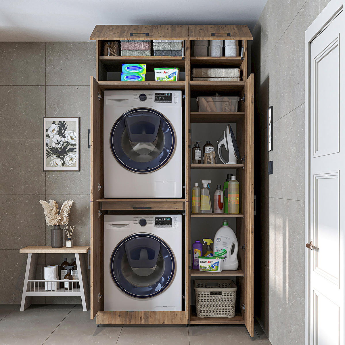 WASCHMASCHINENSCHRANK DORA-I 115cm Breit, 230cm Hoch - Eichefarben, Holzwerkstoff (115/230/73.8cm)