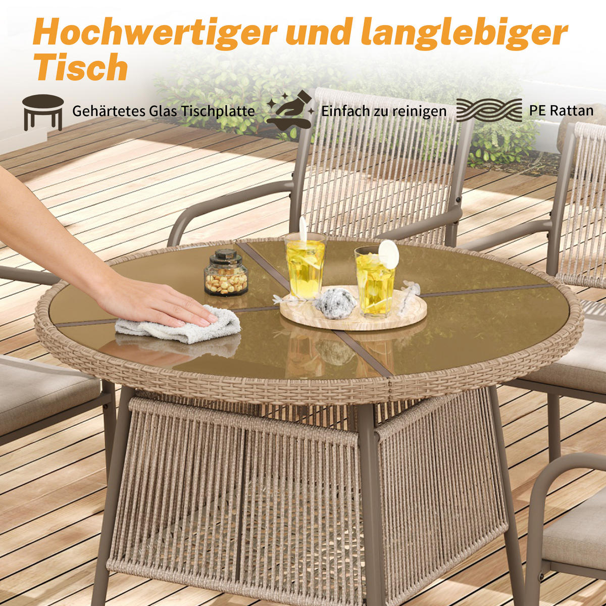 GARTENMÖBELSET 110/110/74 cm braun aus Eisen mit Glasplatte und 4 Sesseln - Braun, Metall - OKWISH