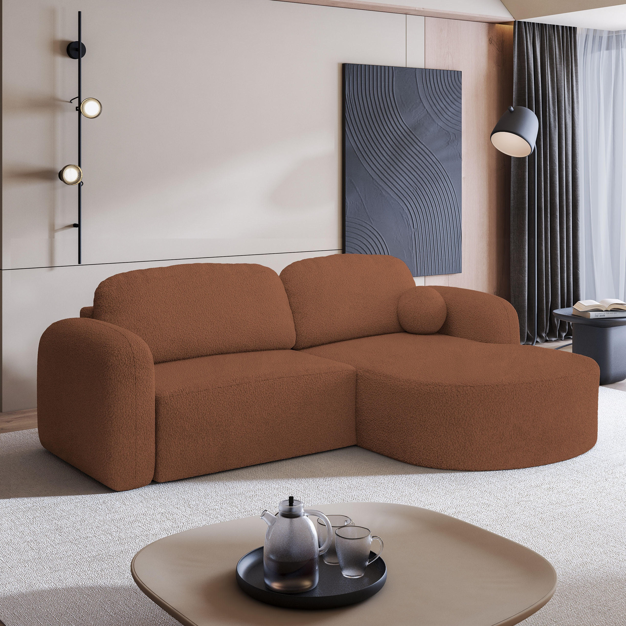 ECKSOFA AMILIA R-S Kupferfarben Boucle-Stoff mit Schlaffunktion - Kupferfarben, Holz (263/174cm) - MASSENO