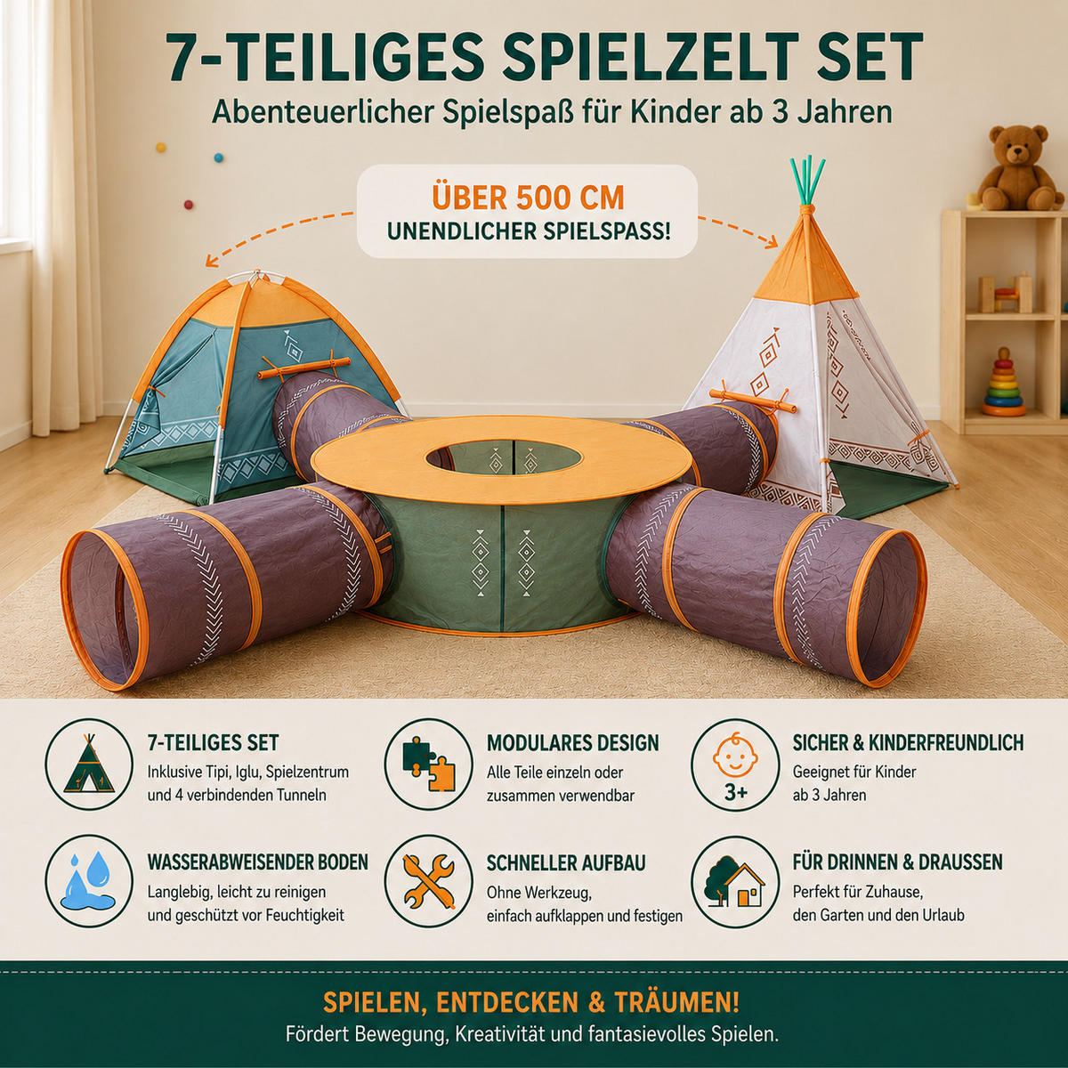 SPIELZELT 7er Set – Tipi, Iglo-Spielzelt mit 4 Tunneln, Indoor & Outdoor, für Kinder ab 3 Jahren - Multicolor, Textil (532/320cm) - COIL