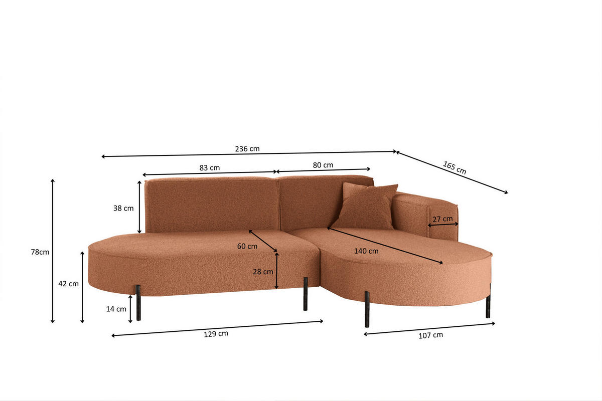 ECKSOFA L-Form Designer Modena Rein Stoff Quelle Kupfer Rechts - Kupferfarben, Holz/Textil (236/165cm) - Kaiser Möbel