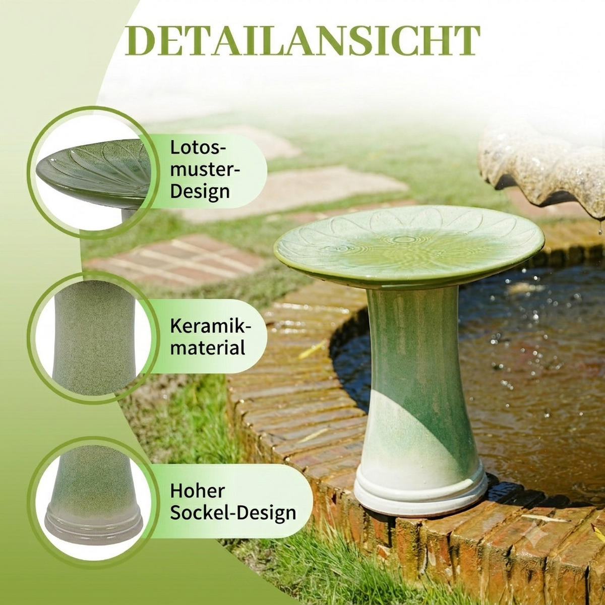 VOGELBAD mit Standfuß, Keramik Ø43/45H cm, Wetterfest,Grün - Grün, Keramik (43/45/43cm) - LVHOM