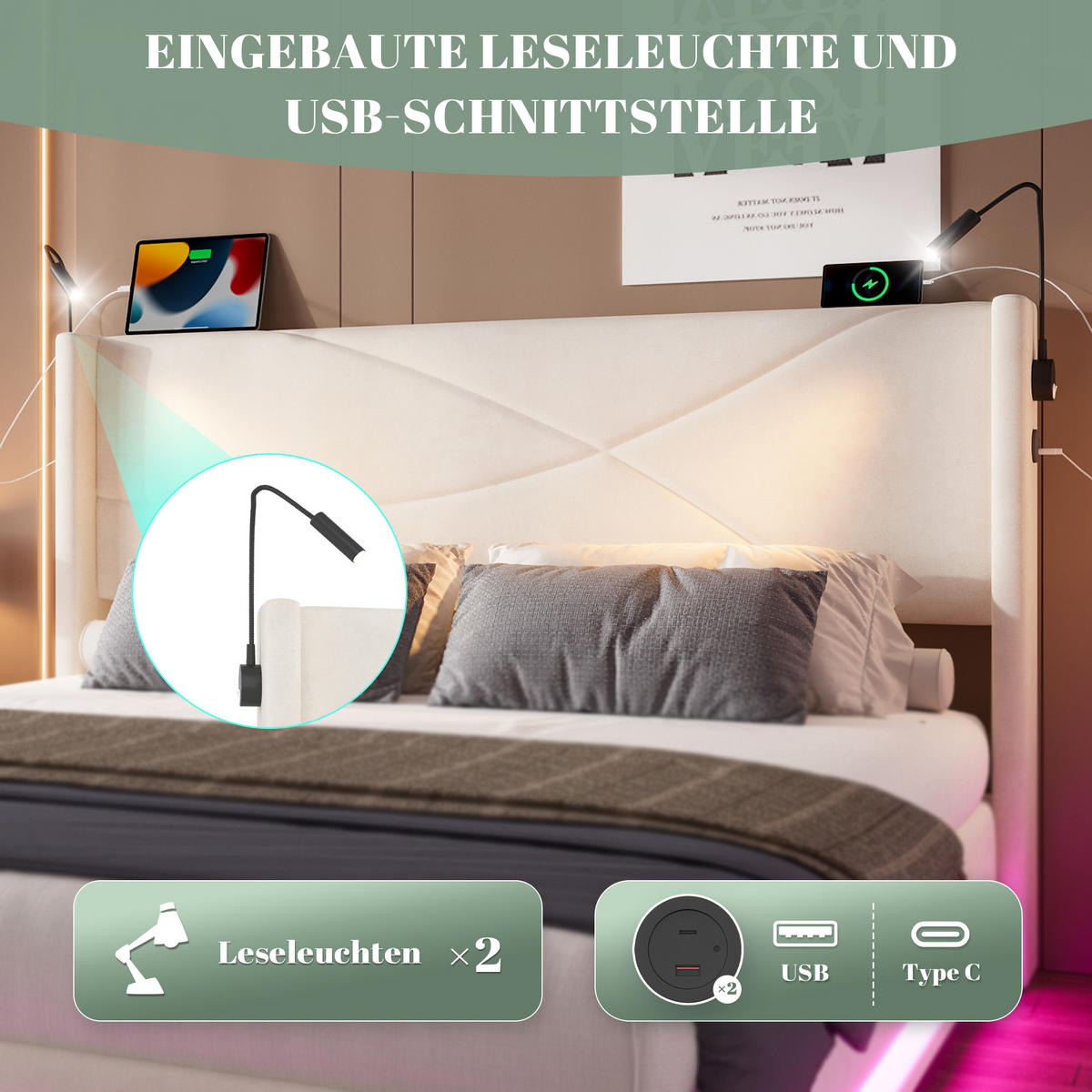 POLSTERBETT 140x200 cm LED USB Stauraum - Beige, Textil (140/200cm) - LEBENLANG