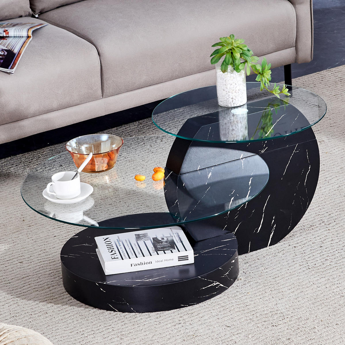 COUCHTISCH in Schwarz Wohnzimmertisch mit zwei Ebenen aus Sicherheitsglas für Wohnzimmer, B90/T70/H44 cm - Transparent/Schwarz, Glas/Holzwerkstoff (89.9/89.9/43.2cm) - STILVORA