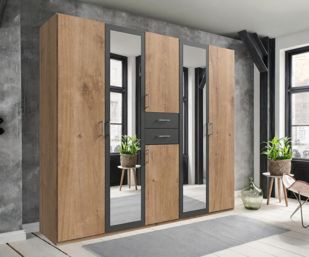 DREHTÜRENSCHRANK Kleiderschrank B225/H208/T58 cm mit Schubkästen & 2 Spiegeltüren, Eiche Dekor mit Absetzungen in Grafit / 22592 - Eichefarben/Silberfarben, Holzwerkstoff/Kunststoff (225/208/58cm) - luma-home