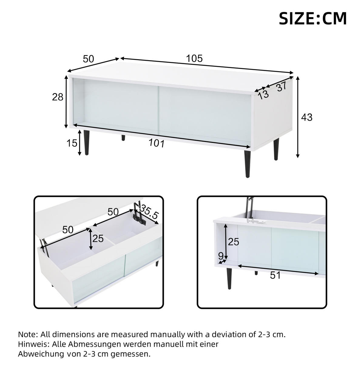 KONFERENČNÝ stolík, 105/50/43 cm biely, výškovo nastaviteľný s úložným priestorom a LED - biela, kompozitné drevo (105/50/43cm) - BEAOK