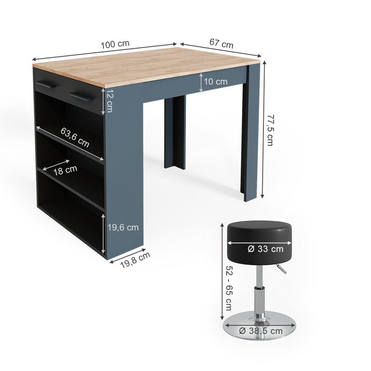 ESSTISCH-SET Repose Anthrazit/Goldkraft Eiche 67 x 100 cm mit 2 Hockern - Honigeiche/Anthrazit, Holzwerkstoff (67/77.5/100cm) - Vicco