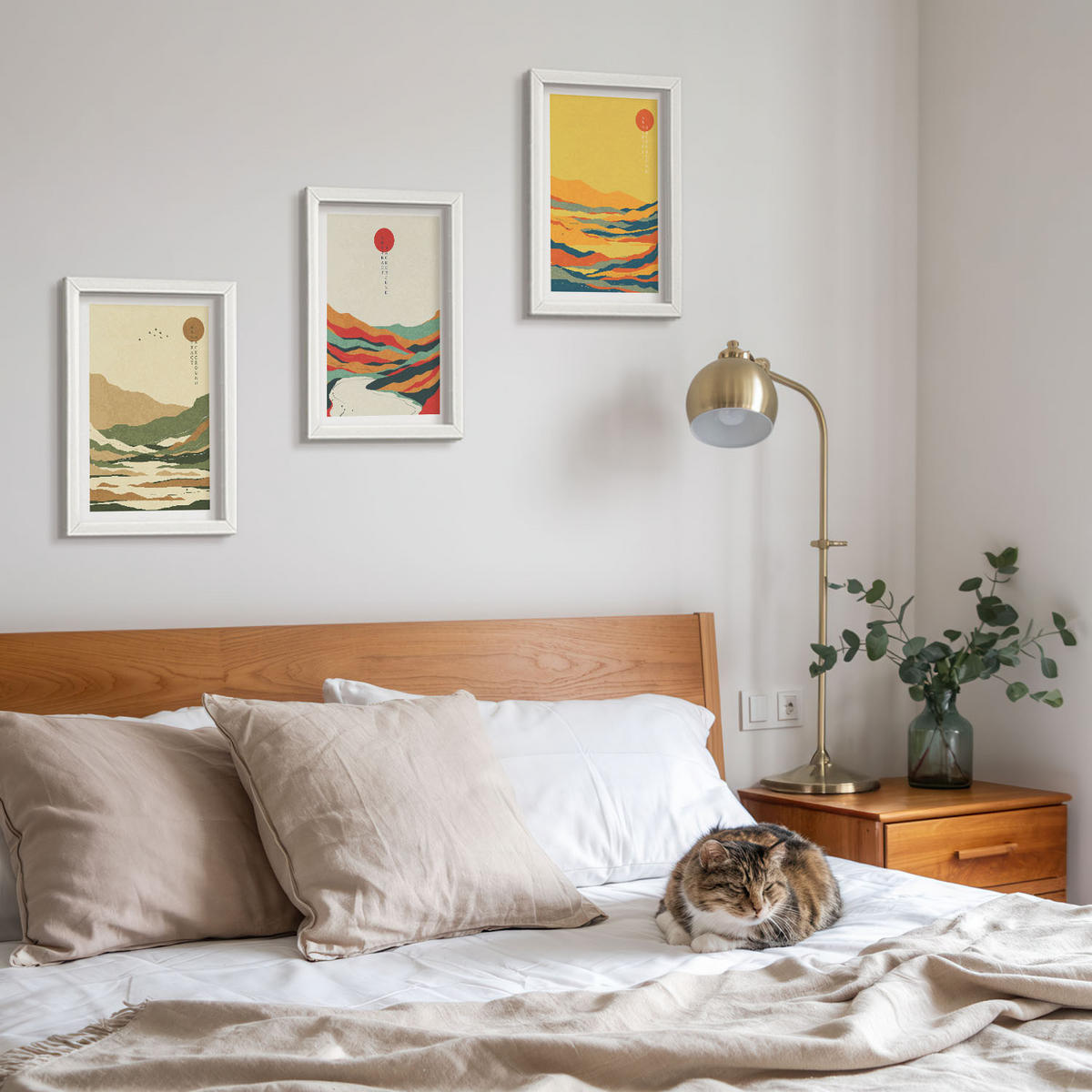 WANDBILDER 3er-Set - 20x30 cm Weißer Rahmen - Farbenfrohe Muster der Japandi-Flussberge - Weiß, Kunststoff (20/30cm) - ArtPrintCave