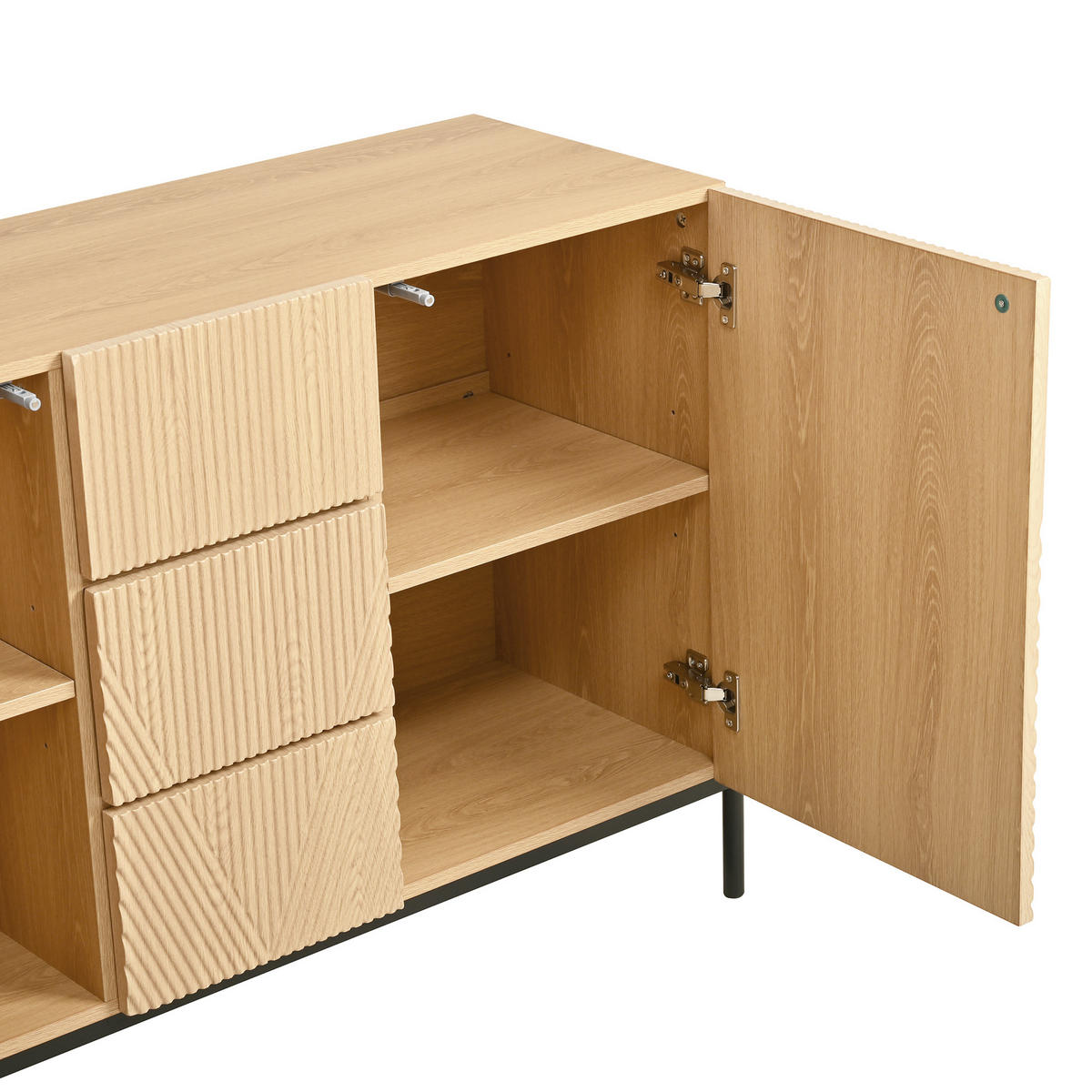 SIDEBOARD in Naturfarben Kommode mit geometrischer Struktur, Doppeltüren und Schublade für Esszimmer, B115.5/T40/H76cm - Schwarz/Naturfarben, Holzwerkstoff/Metall (115.5/76/40cm) - STILVORA