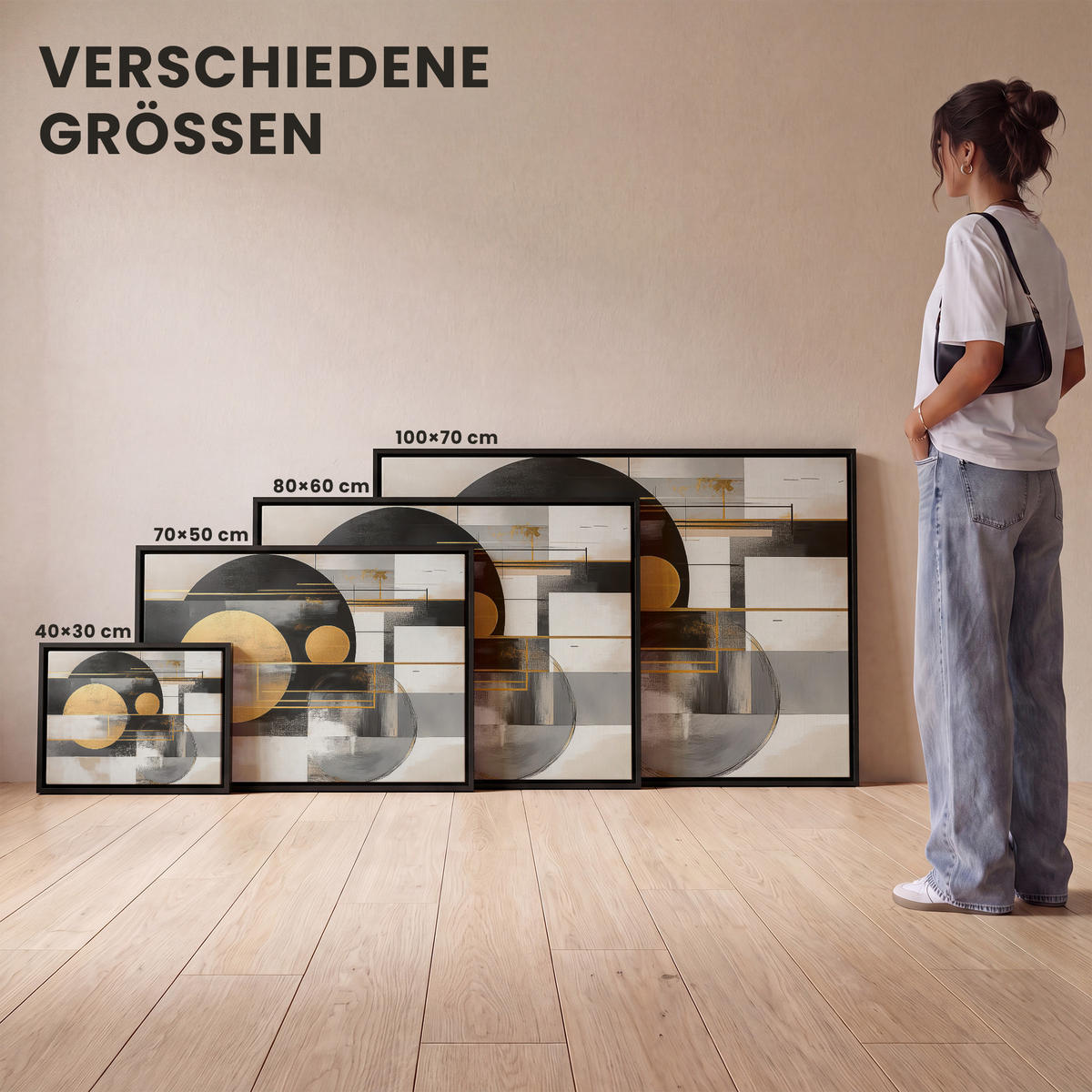 LEINWAND Bilder mit Rahmen - Abstrakt - Gold - Silber - Formen - Ästhetisch - Modern - 100x70 - Goldfarben, Textil (100/70cm) - MuchoWow