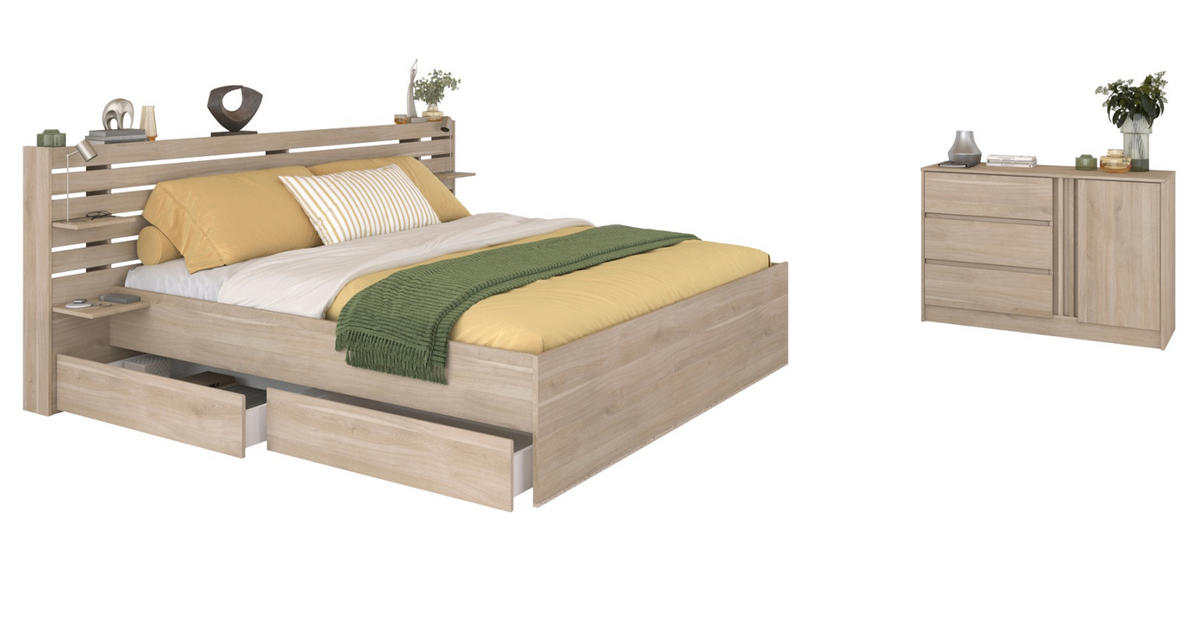 JUGENDZIMMER Eiche japanisch, Set mit Stauraumbett 140 x 200 cm und Kommode - Eichefarben, Holzwerkstoff (203/99/217cm) - Parisot Meuble