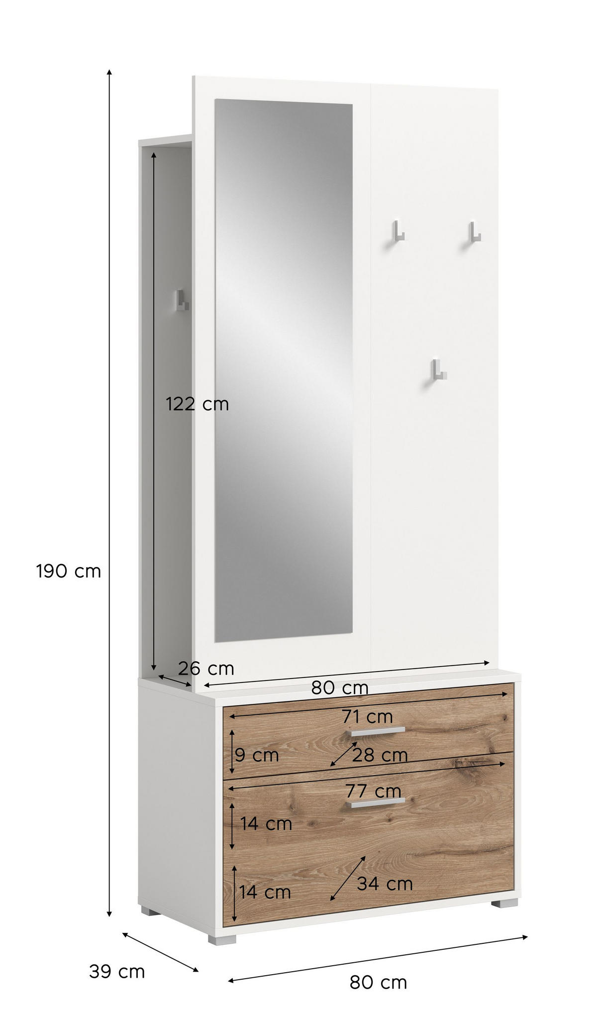 GARDEROBEN-SET POLO 2-tlg. (B/H/T: ca. 80/190/38 cm) in Weiß/Nox Oak Nachbildung - Weiß, Holzwerkstoff (80/190/38cm)