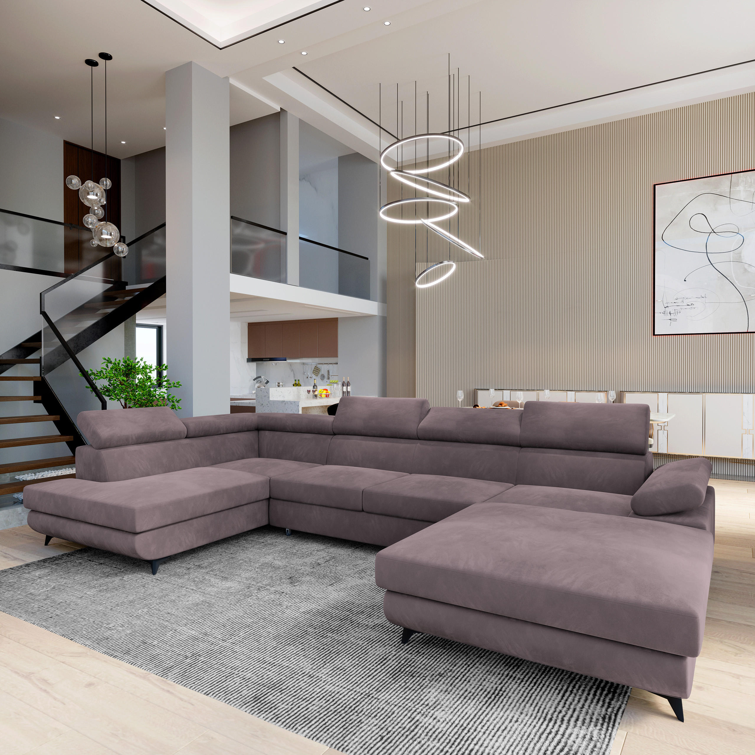 WOHNLANDSCHAFT RUBANO L-S Lila Velours-Stoff mit Schlaffunktion - Lila, Holz (339/89/190cm) - MASSENO