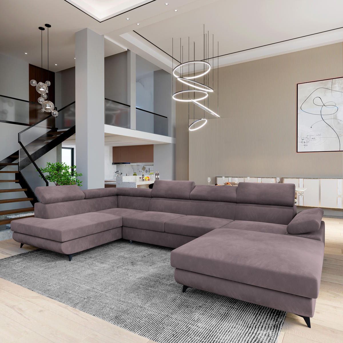 WOHNLANDSCHAFT RUBANO L-S Lila Velours-Stoff mit Schlaffunktion - Lila, Holz (339/89/190cm) - MASSENO