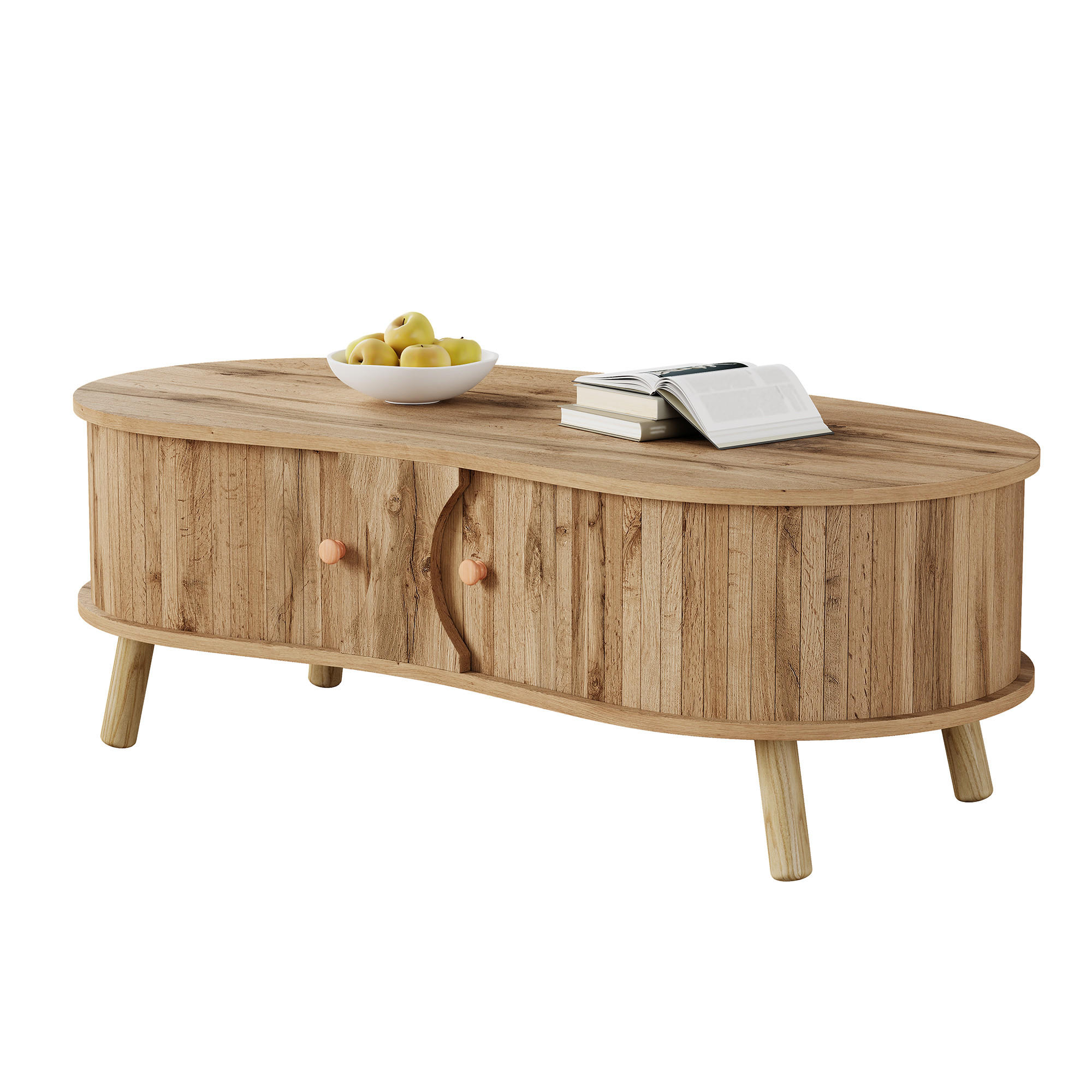 COUCHTISCH organisch Rillenoptik 2 Schiebetüren - Naturfarben, Holz (50/108/37cm) - LEBENLANG