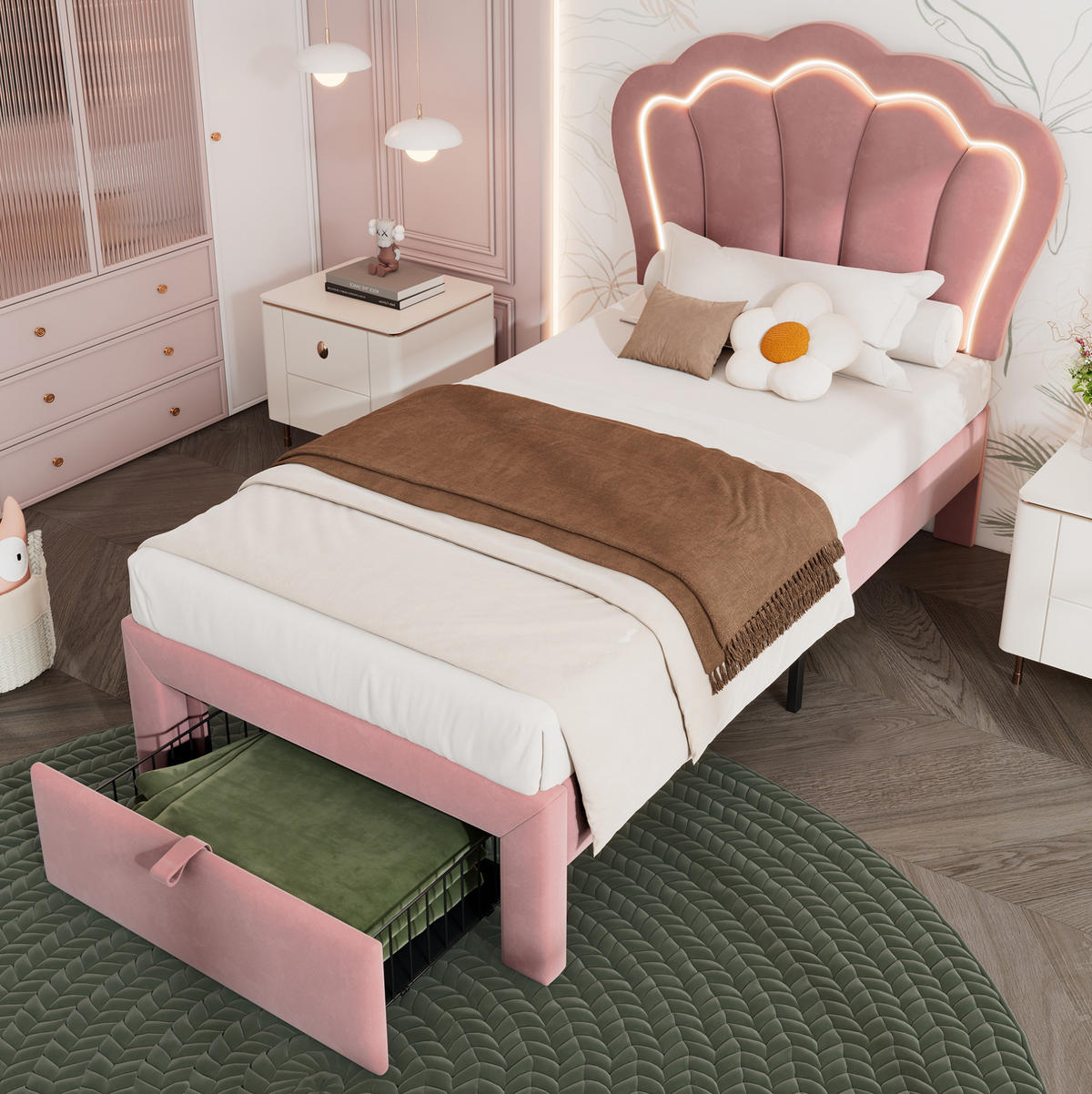 POLSTERBETT 90/190 cm mit RGB-LED, Schublade, verstellbarem Kopfteil und Blumenmuster aus Samt, Rosa - Rosa, Textil (90/190cm) - Redom