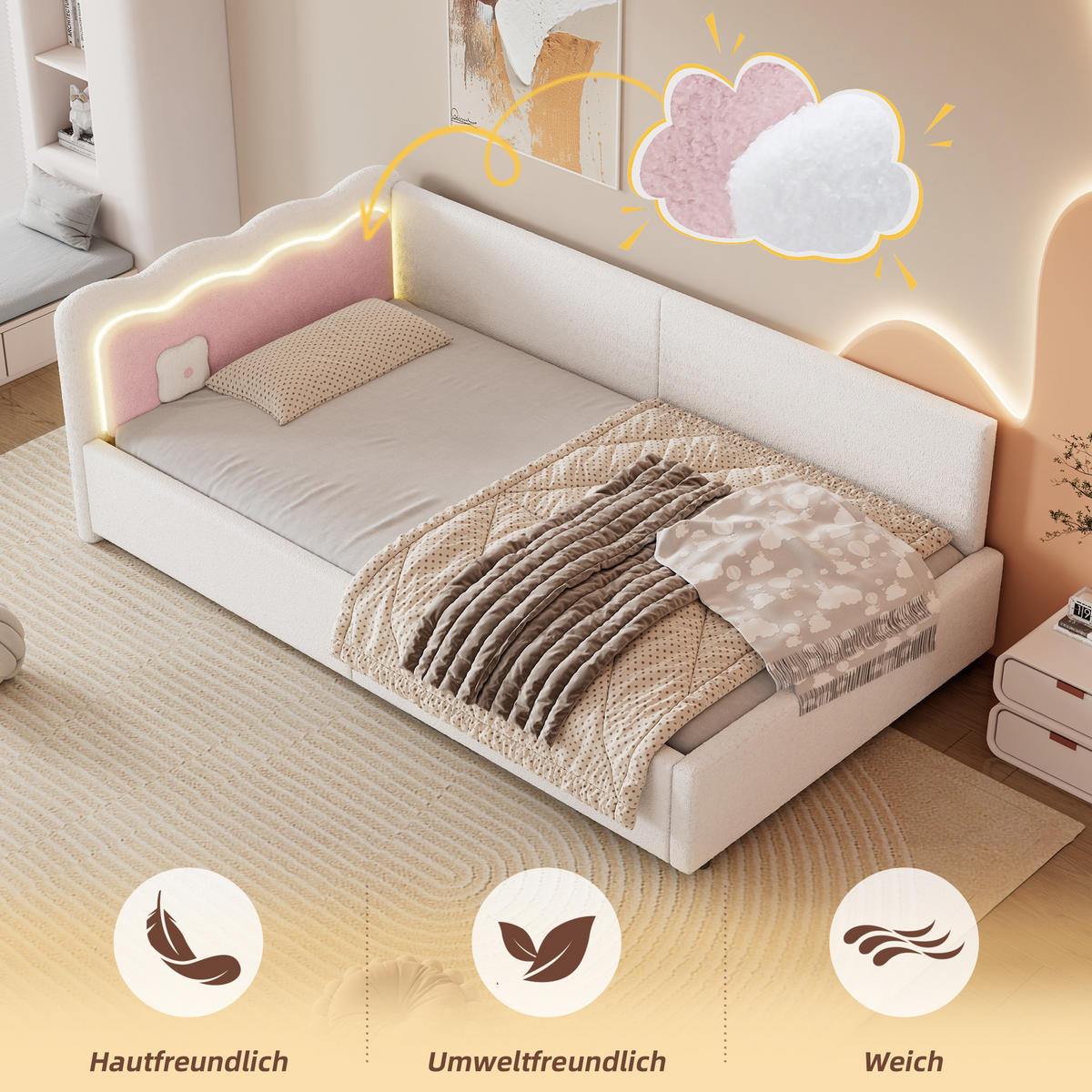 BETT mit LED-Umgebungslicht 90/200 cm Weiß Vliesimitat - Weiß, Textil (90/200cm) - OKWISH