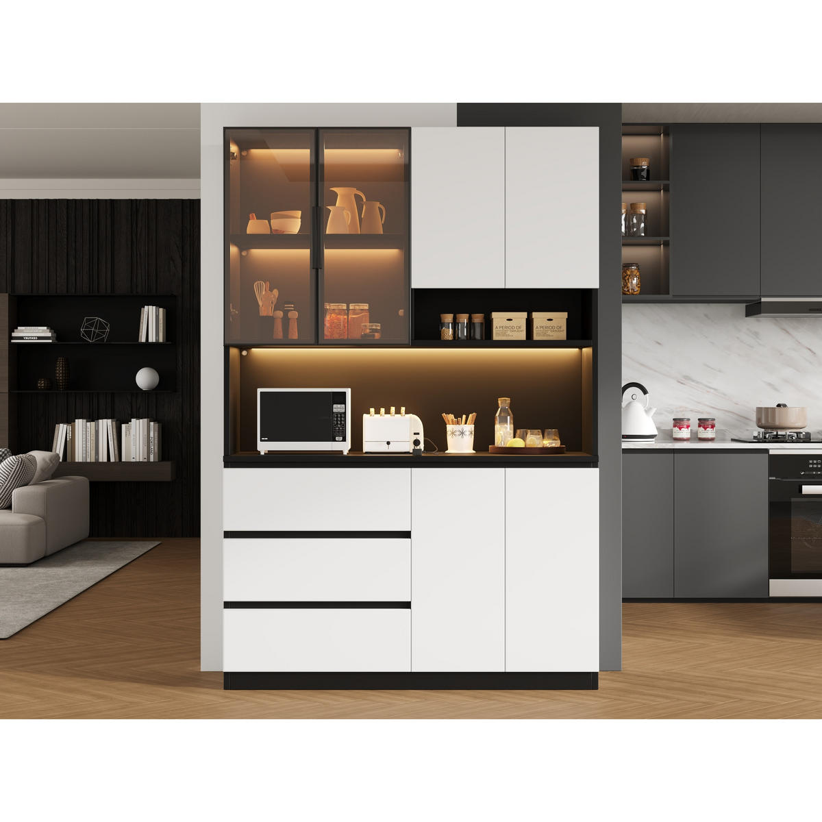 KÜCHENSCHRANK 120,5x40x180 cm, LED-Beleuchtung, 3 Schubladen, 6 Türen, Weiß/Schwarz - Schwarz, Holzwerkstoff (120.5/180/40cm) - FOHERE