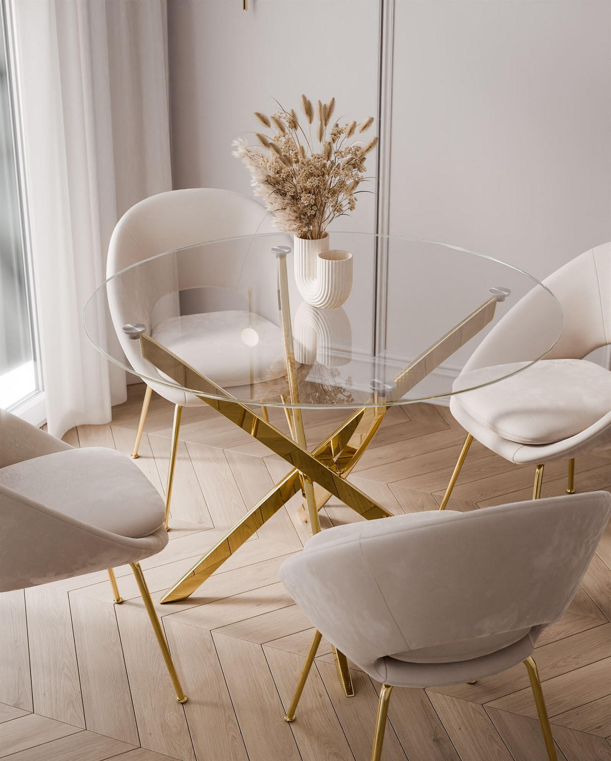 ESSTISCH BEIRA Runder Tisch 90 cm mit Glasplatte und Gold Tischbeine - Chromfarben/Goldfarben, Glas (90/90/72cm) - Lookway
