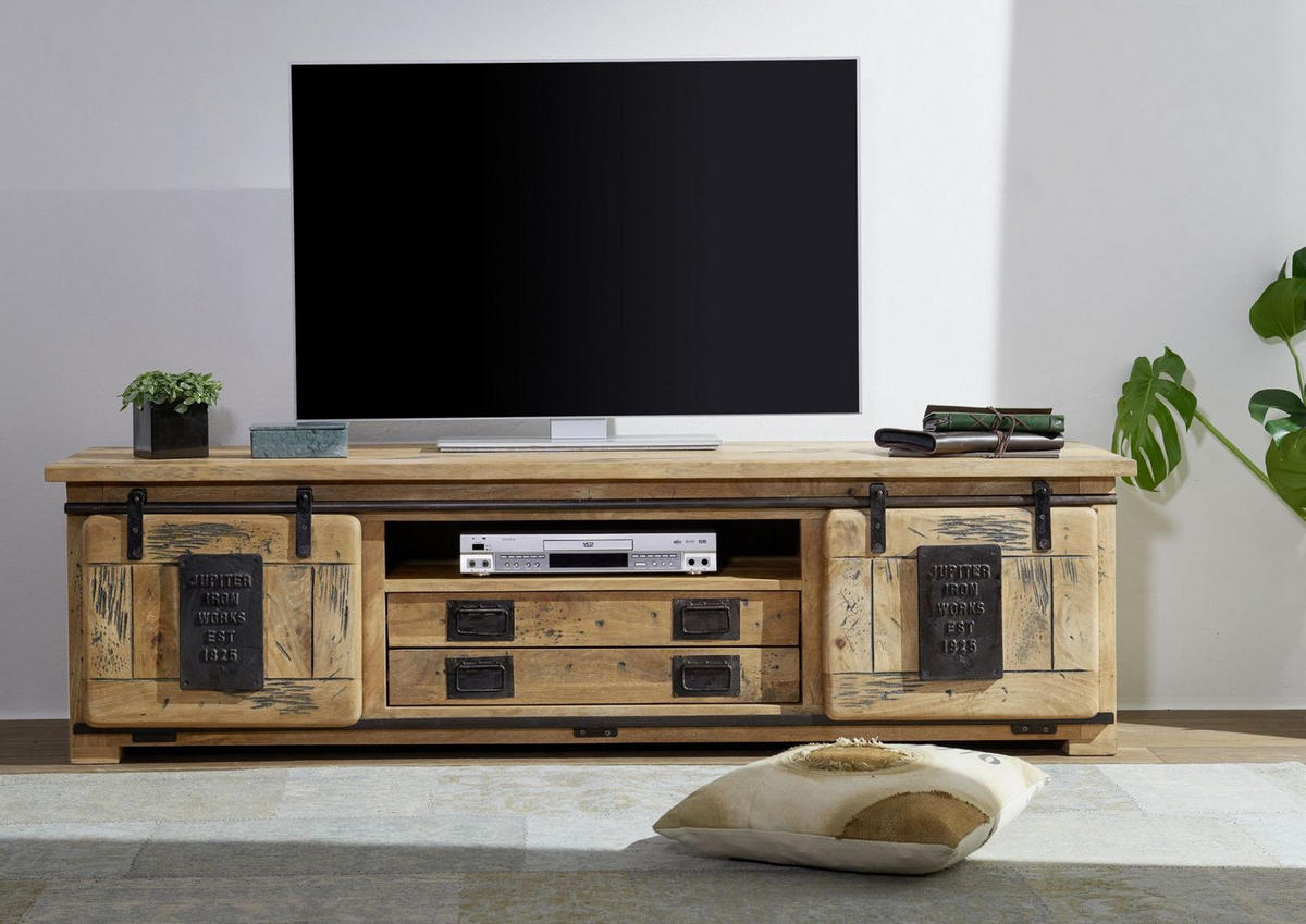 TV-BOARD Mango 180x55x50 natur lackiert RAILWAY #314 - Naturfarben, Holz (180/50/55cm) - Massivmoebel24