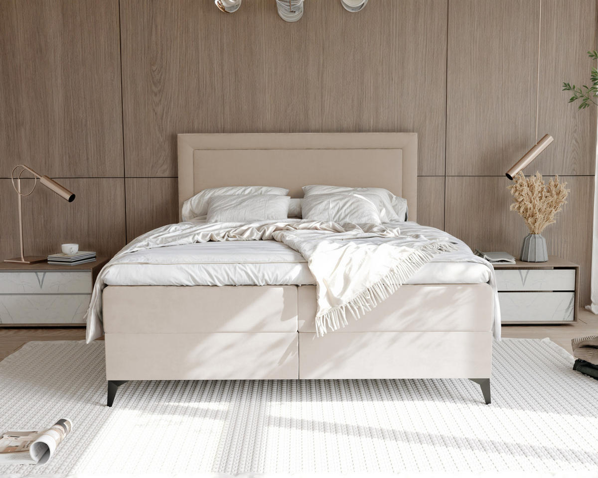 BOXBETT NERO 200/200 cm mit Matratze und Topper, Hellbeige - Sandfarben/Schwarz, Holzwerkstoff/Textil (200/200cm) - Idohome