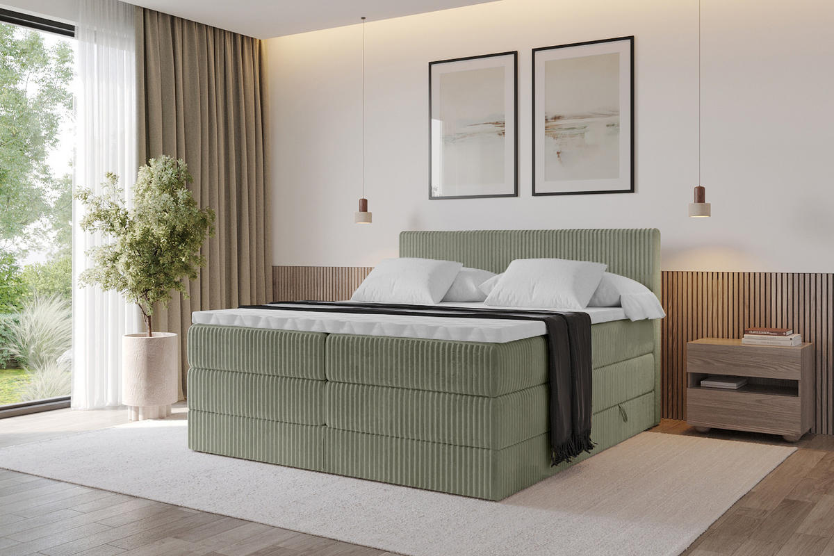 BOXSPRINGBETT mit Matratze H3|H4 und Lattenrost - TOLO KING 140x200 Cord - Olive - Olivgrün, Holzwerkstoff (140/200cm) - ALTDECOR