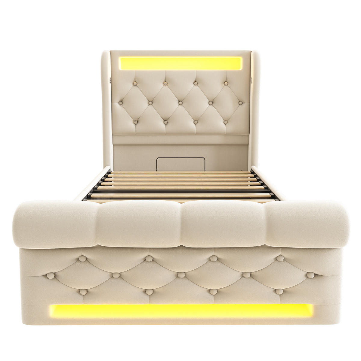 SAMT-POLSTERBETT 90/200 cm Beige mit LED-Beleuchtung und Bettkasten - Beige, Textil (90/200cm) - BEAOK