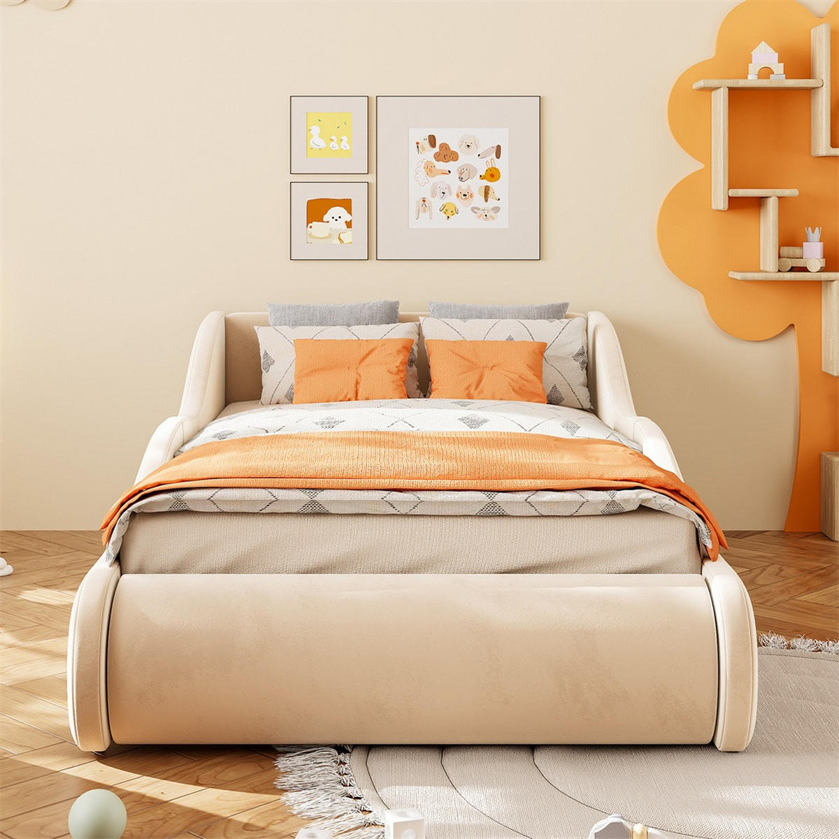 POLSTERBETT 90x200 cm mit hohem Kopfteil und Seitenschutzgittern - Samtstoff - ohne Matratze - Beige - Beige, Textil (90/200cm) - DELFA