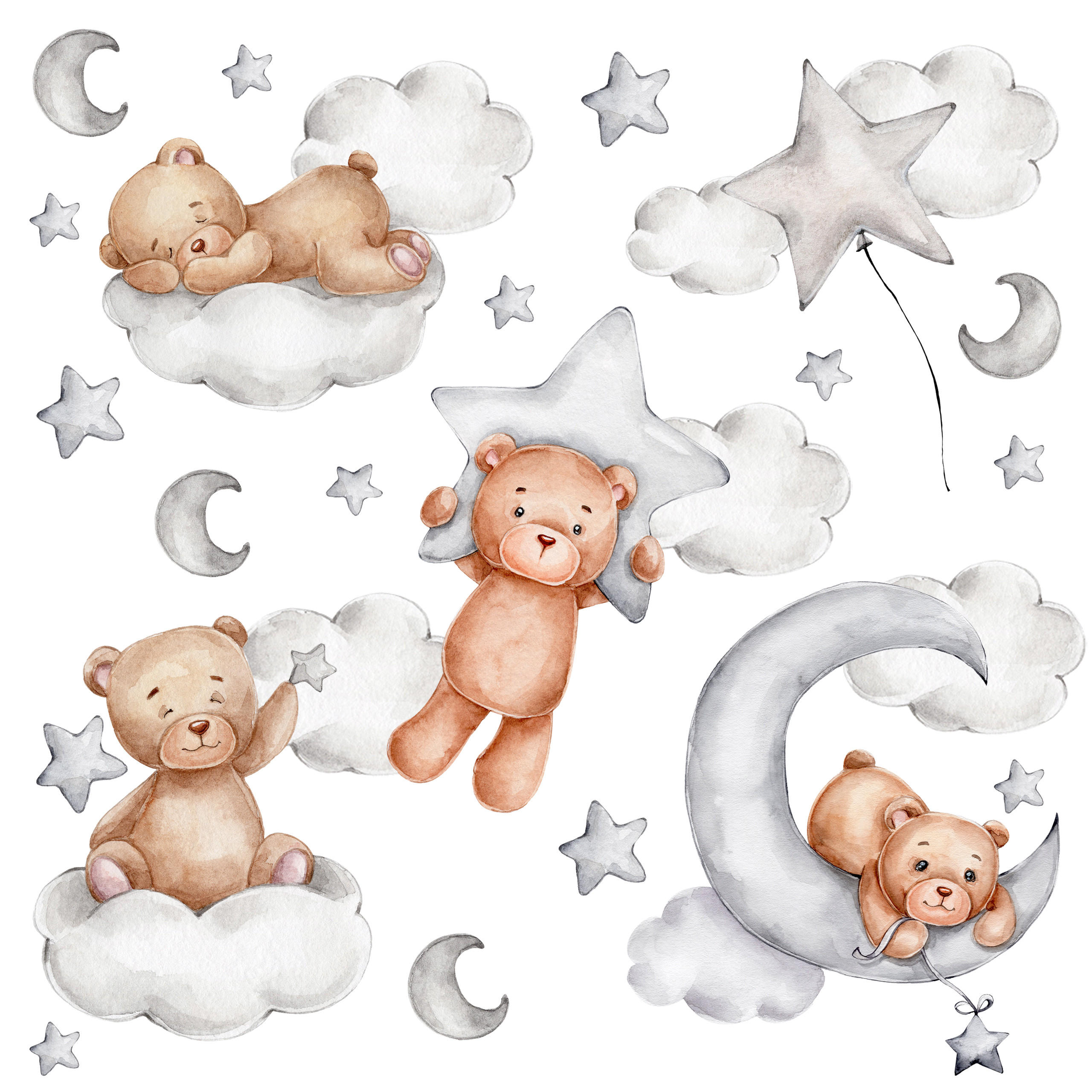 WANDSTICKER SET Teddybären Wolken Sterne Monde 120x60 - Beige/Braun, Papier (120/60/1cm) - Muralo
