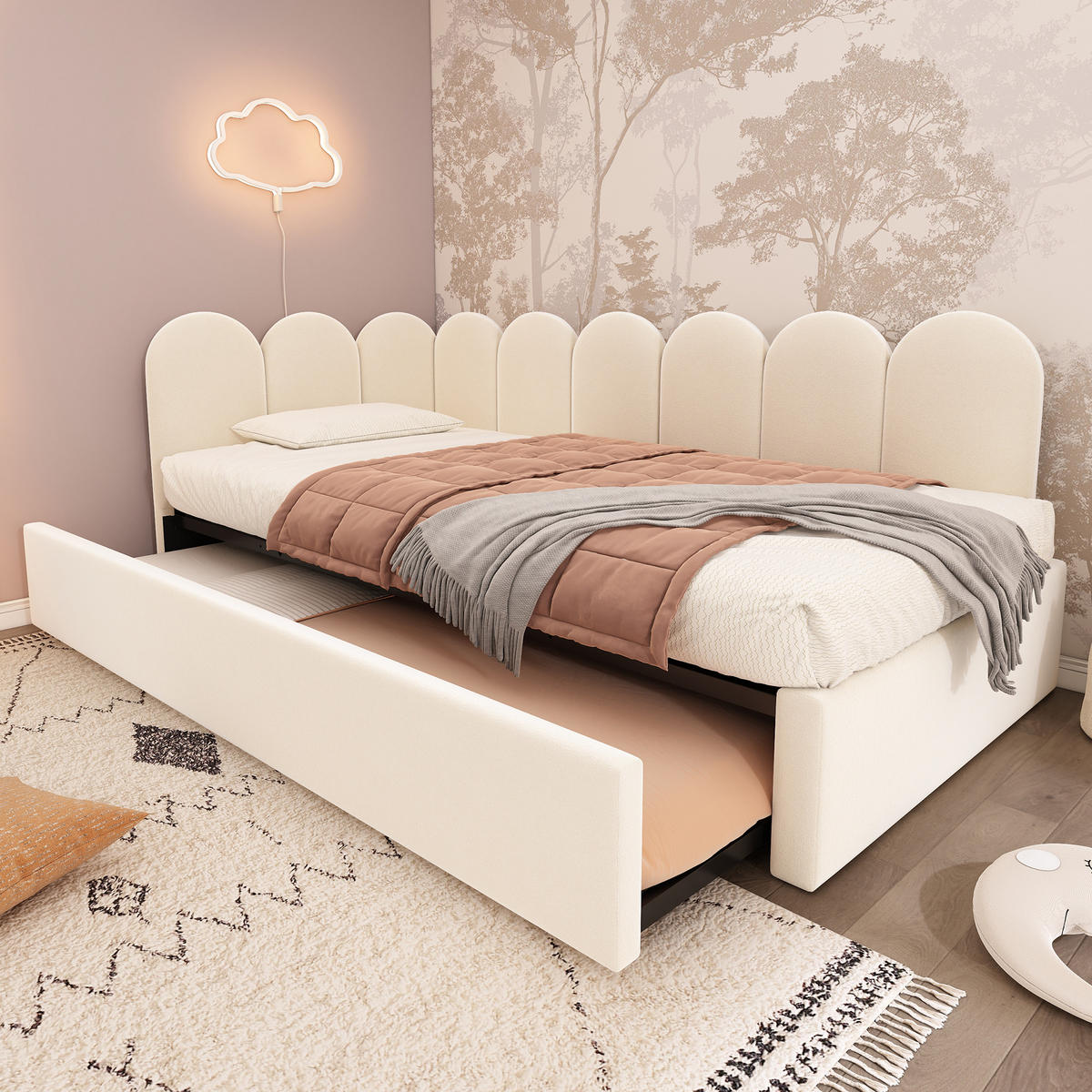POLSTERBETT 90/200 cm mit Ausziehbett 90/190 cm, Gitter-Design und Samtbezug, Beige - Beige, Textil (90/200cm) - Redom